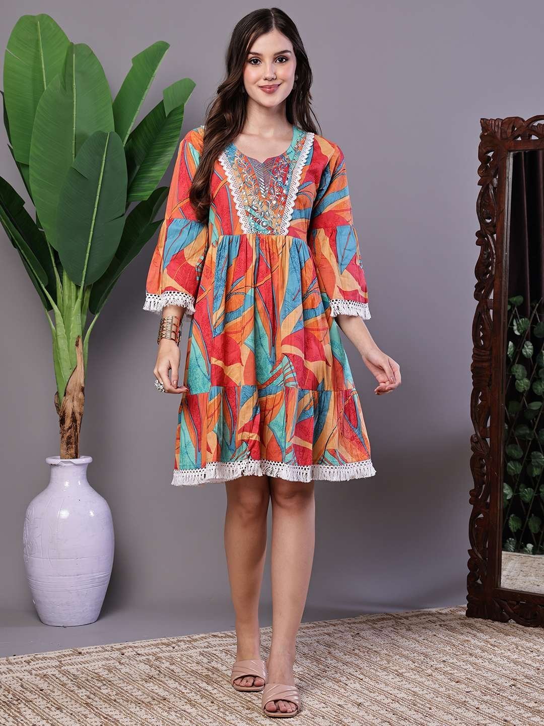 Wome’s Vibrant Print Cotton Tunic Dress with Crochet Lace & Three-Quarter Sleeves Midi Dresses