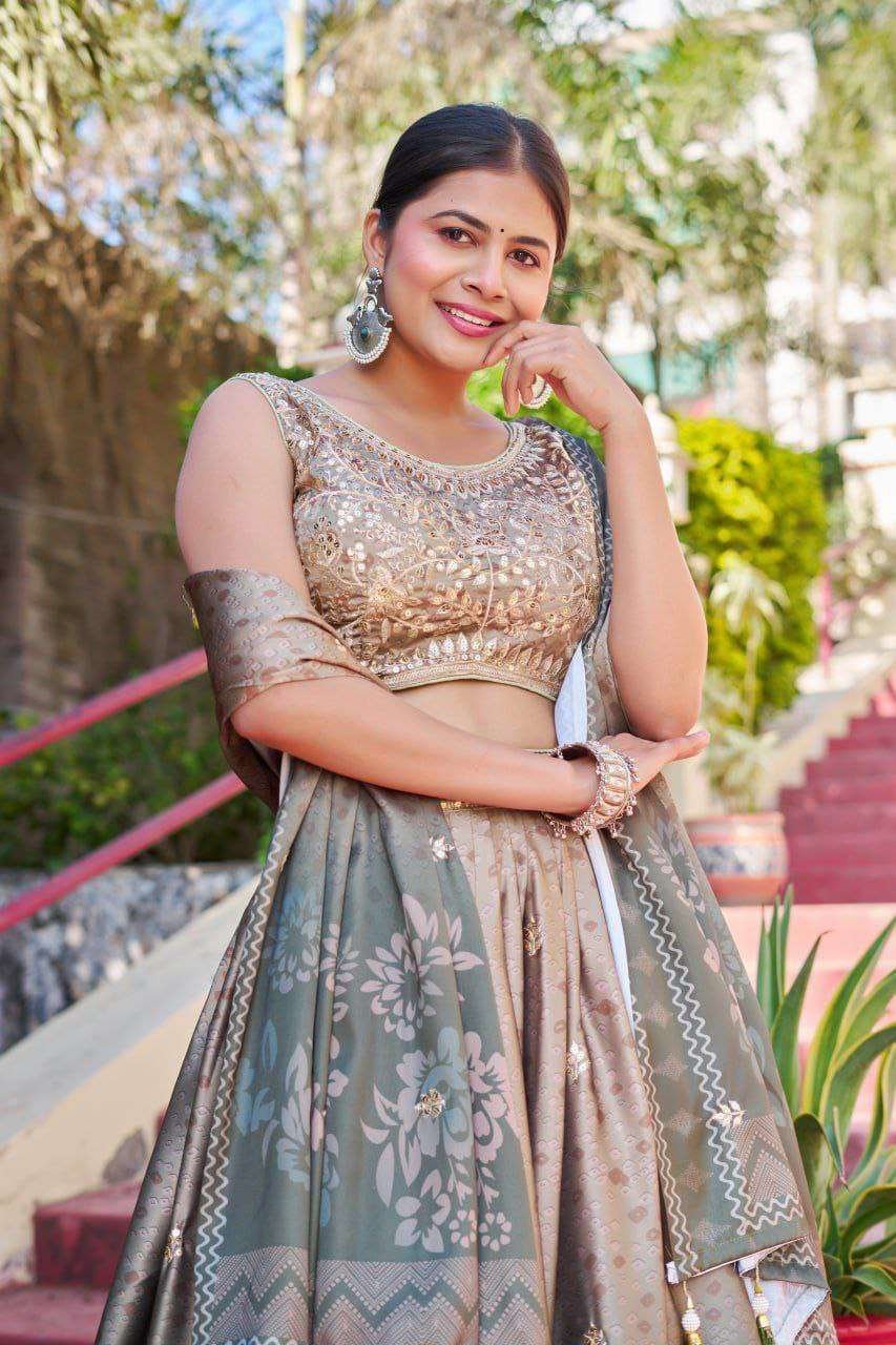 Greyish Maslin Sarting Lehenga Choli with Golden Blouse | Digital Print & Embroidery Work | Wedding & Festive Wear