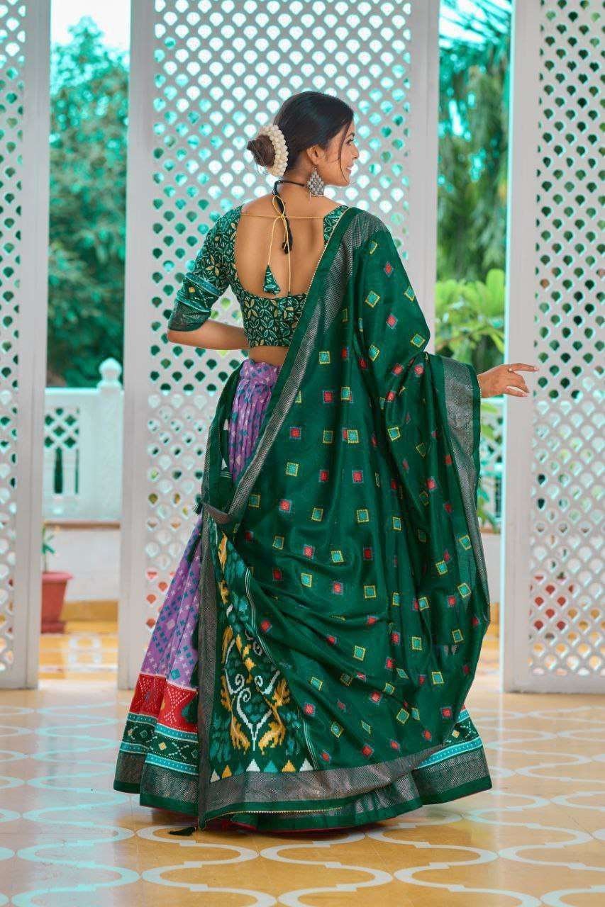 Light Baby Pink Tussar Silk Lehenga Choli with Green Blouse | Minakari & Foil Print | Wedding & Festive Wear