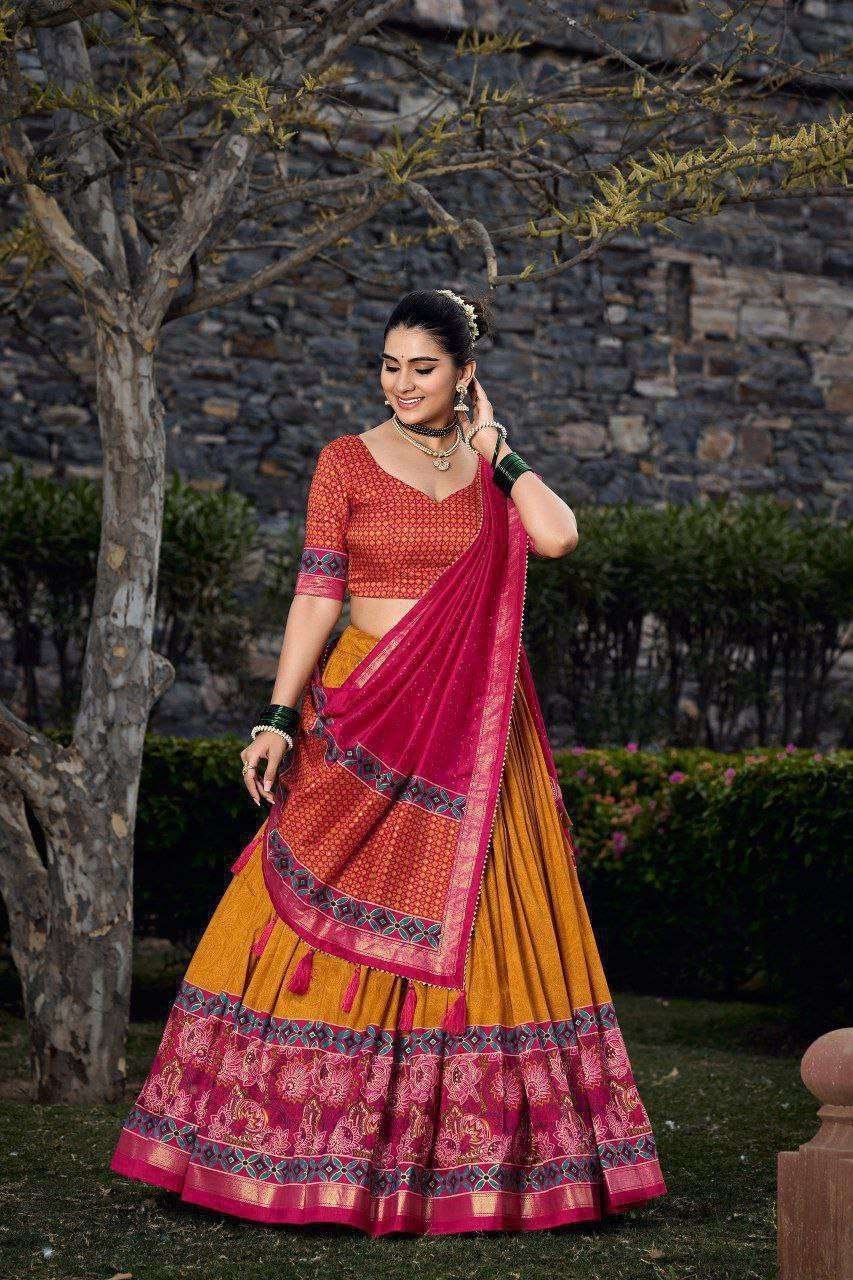 Red Tussar Silk Lehenga Choli with Yellow Blouse | Floral & Foil Print | Wedding & Festive Wear