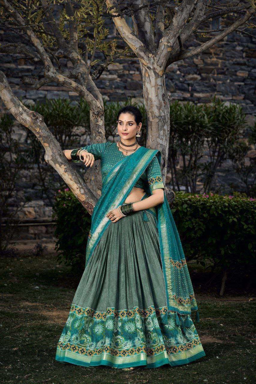 Sea Green Tussar Silk Lehenga Choli with Sea Green Blouse | Floral & Foil Print | Wedding & Festive Wear
