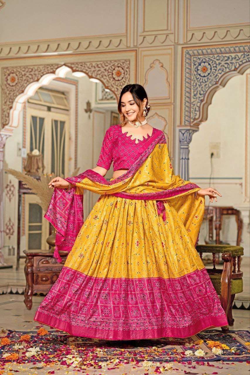 Yellow Dola Silk Lehenga Choli with Pink Blouse & Minakari Foil Print | Haldi & Wedding Wear
