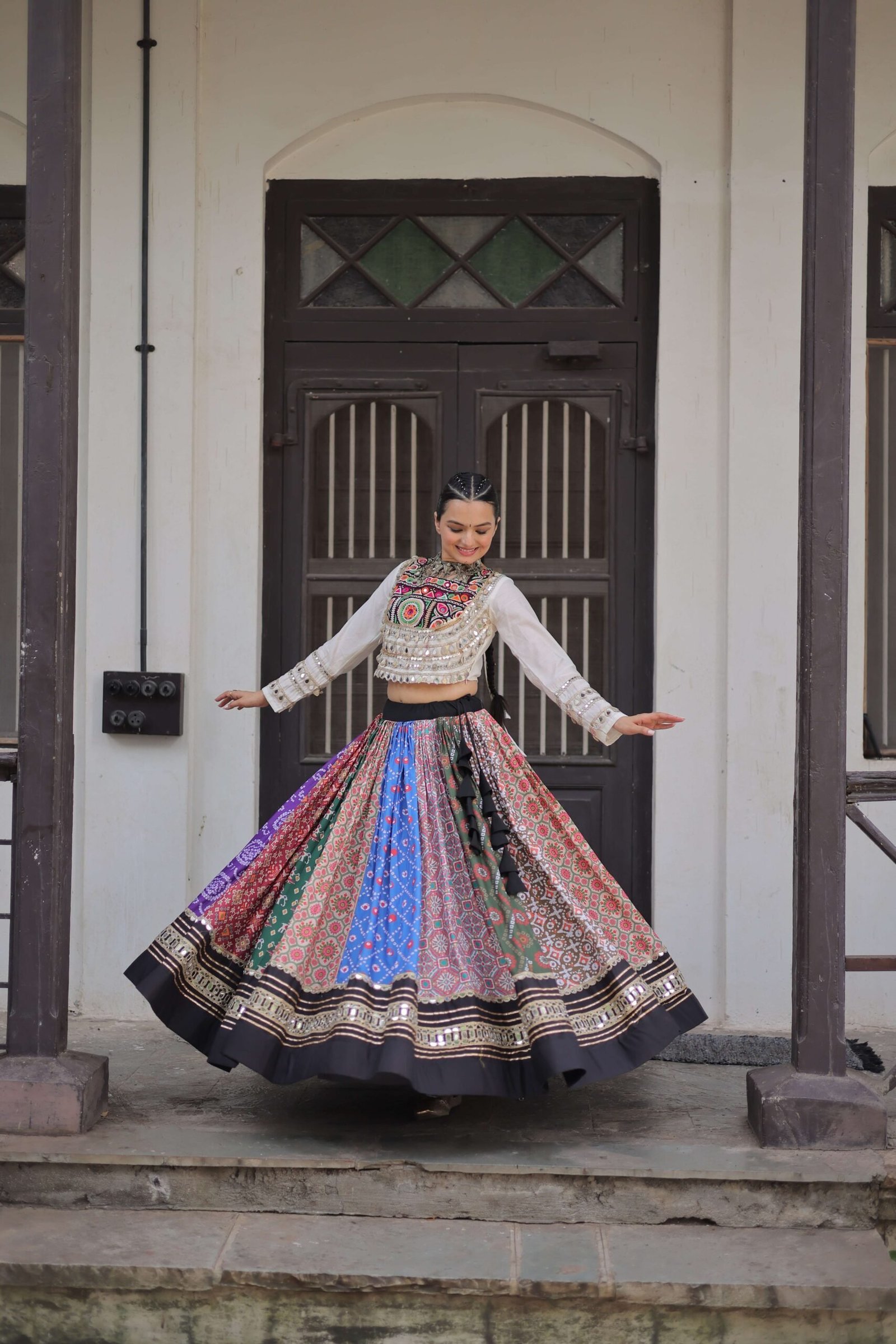 Cotton Printed Navratri Lehenga Choli Set with Gota & Mirror Lace