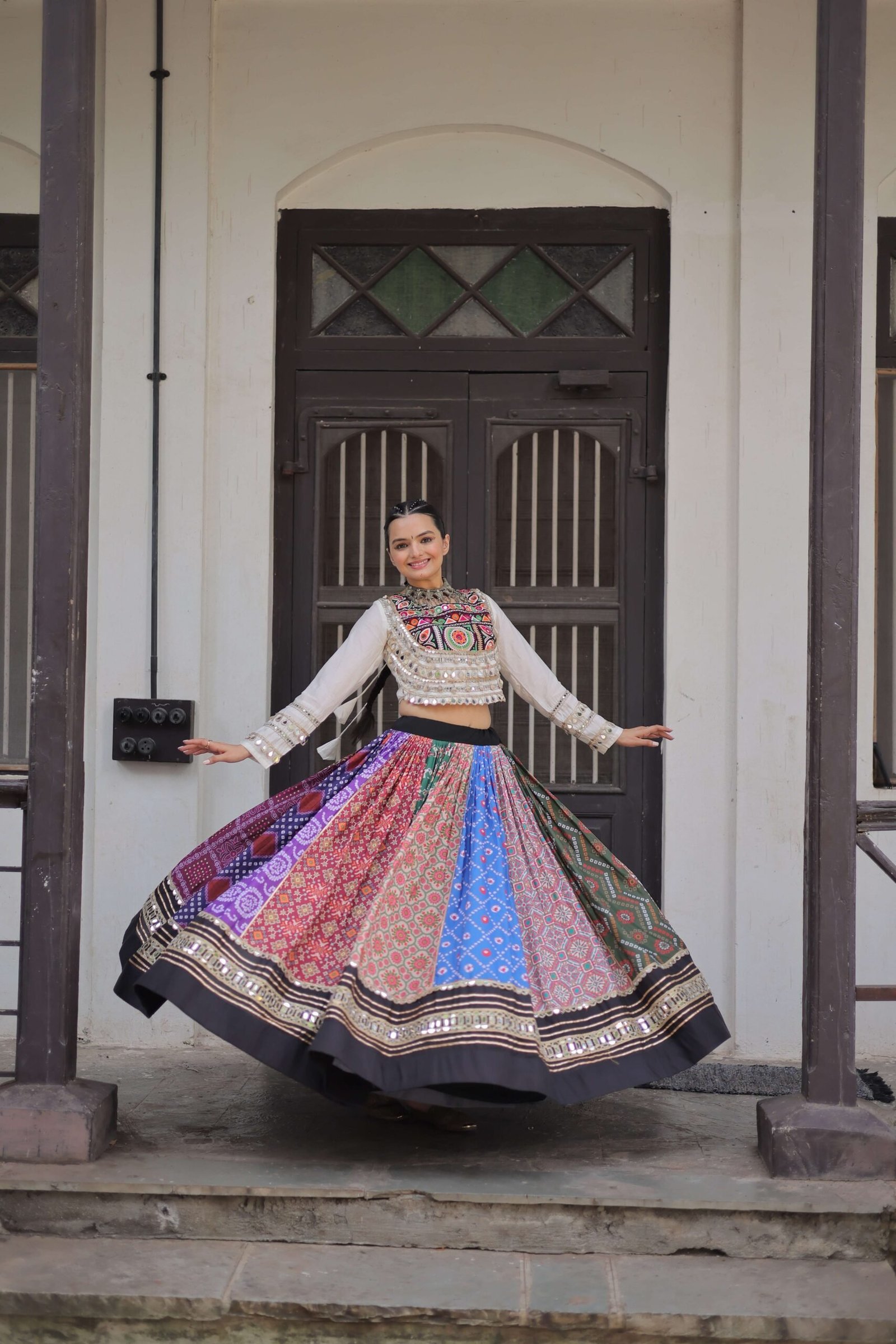 Cotton Printed Navratri Lehenga Choli Set with Gota & Mirror Lace