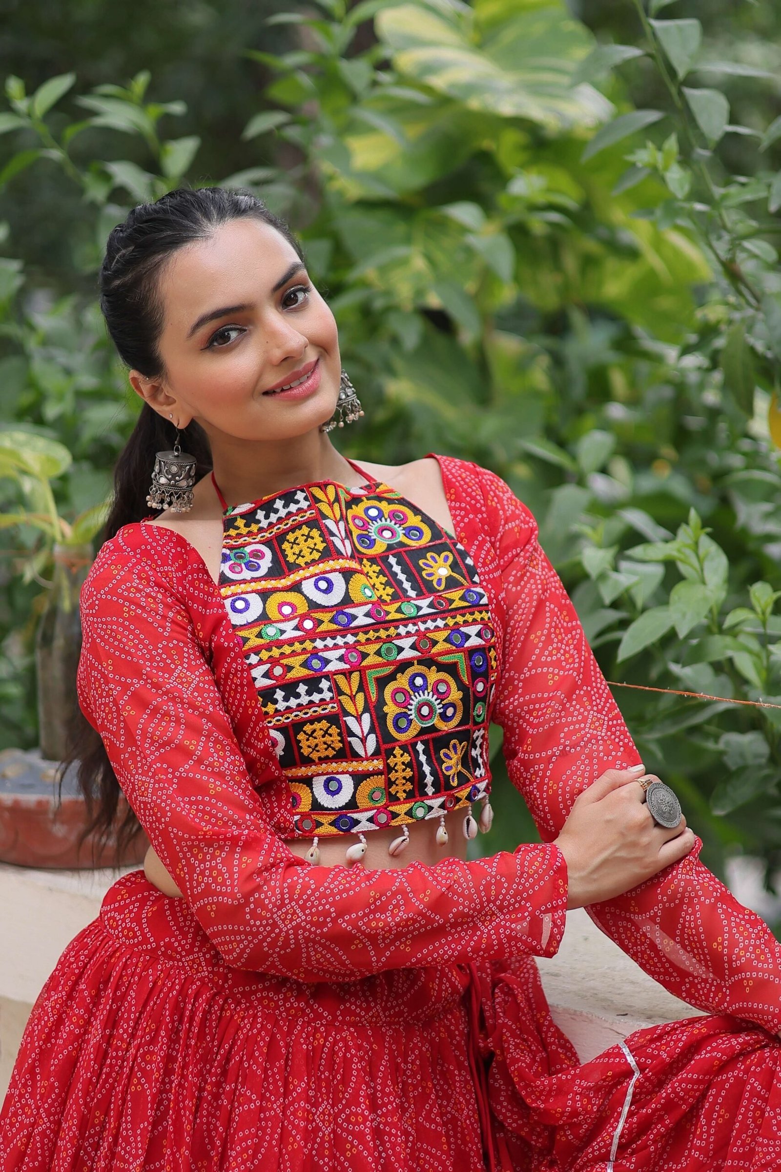 Faux Georgette Bandhej Frilled Navratri Lehenga Choli Set