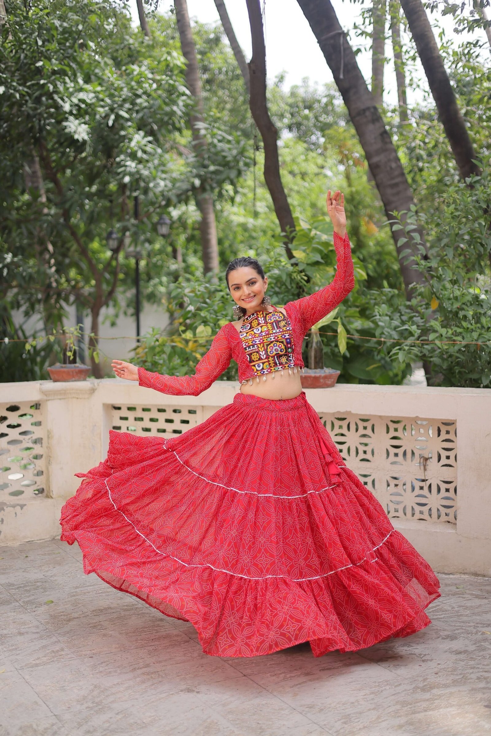 Faux Georgette Bandhej Frilled Navratri Lehenga Choli Set
