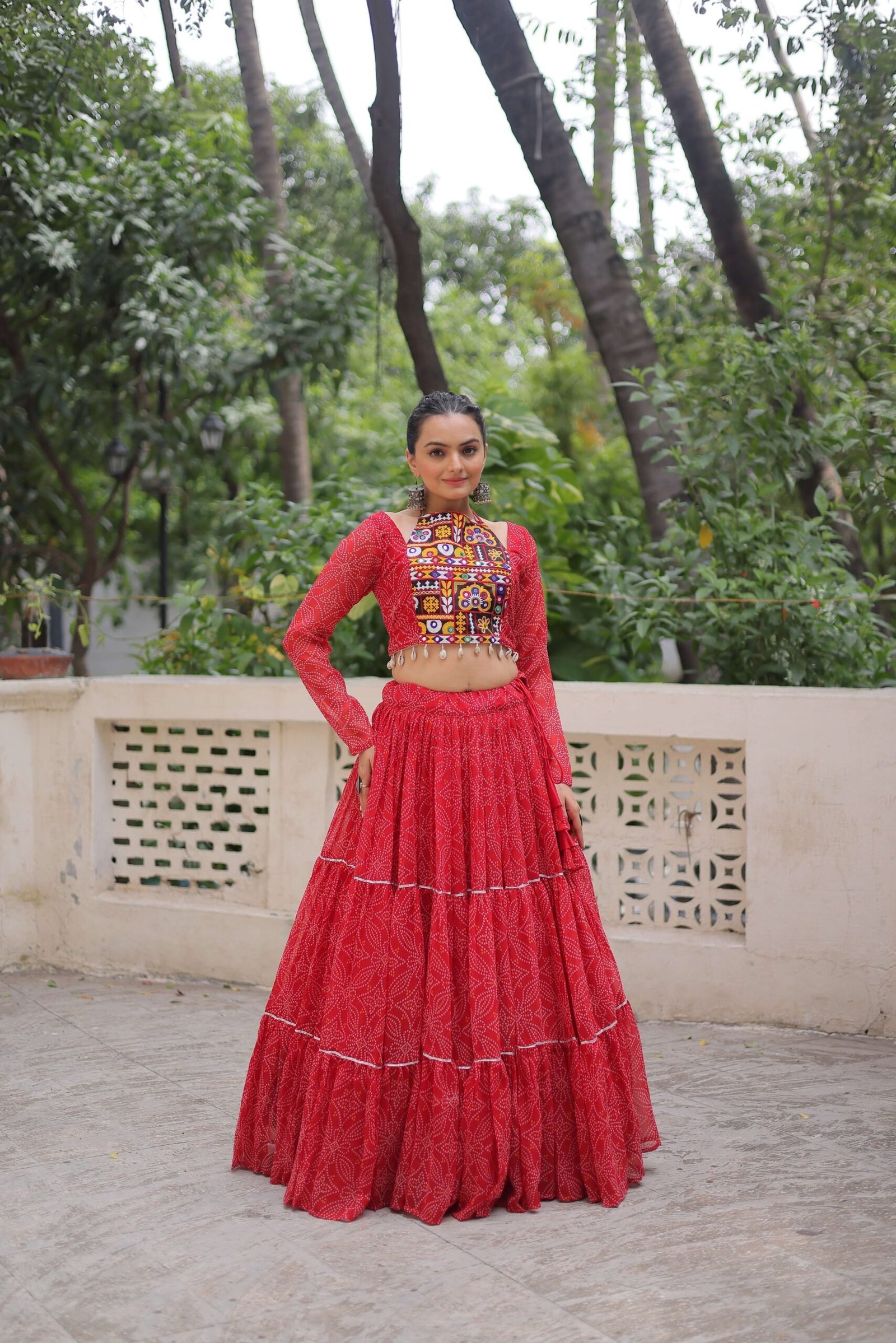 Faux Georgette Bandhej Frilled Navratri Lehenga Choli Set