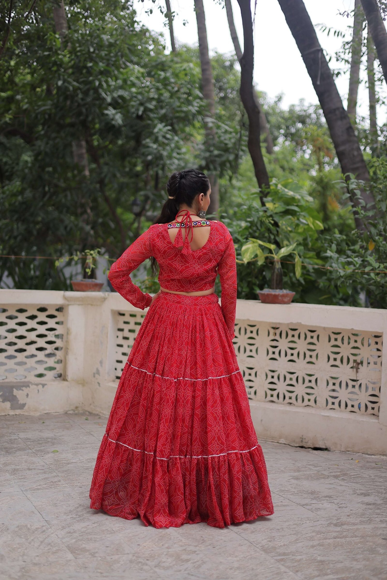 Faux Georgette Bandhej Frilled Navratri Lehenga Choli Set