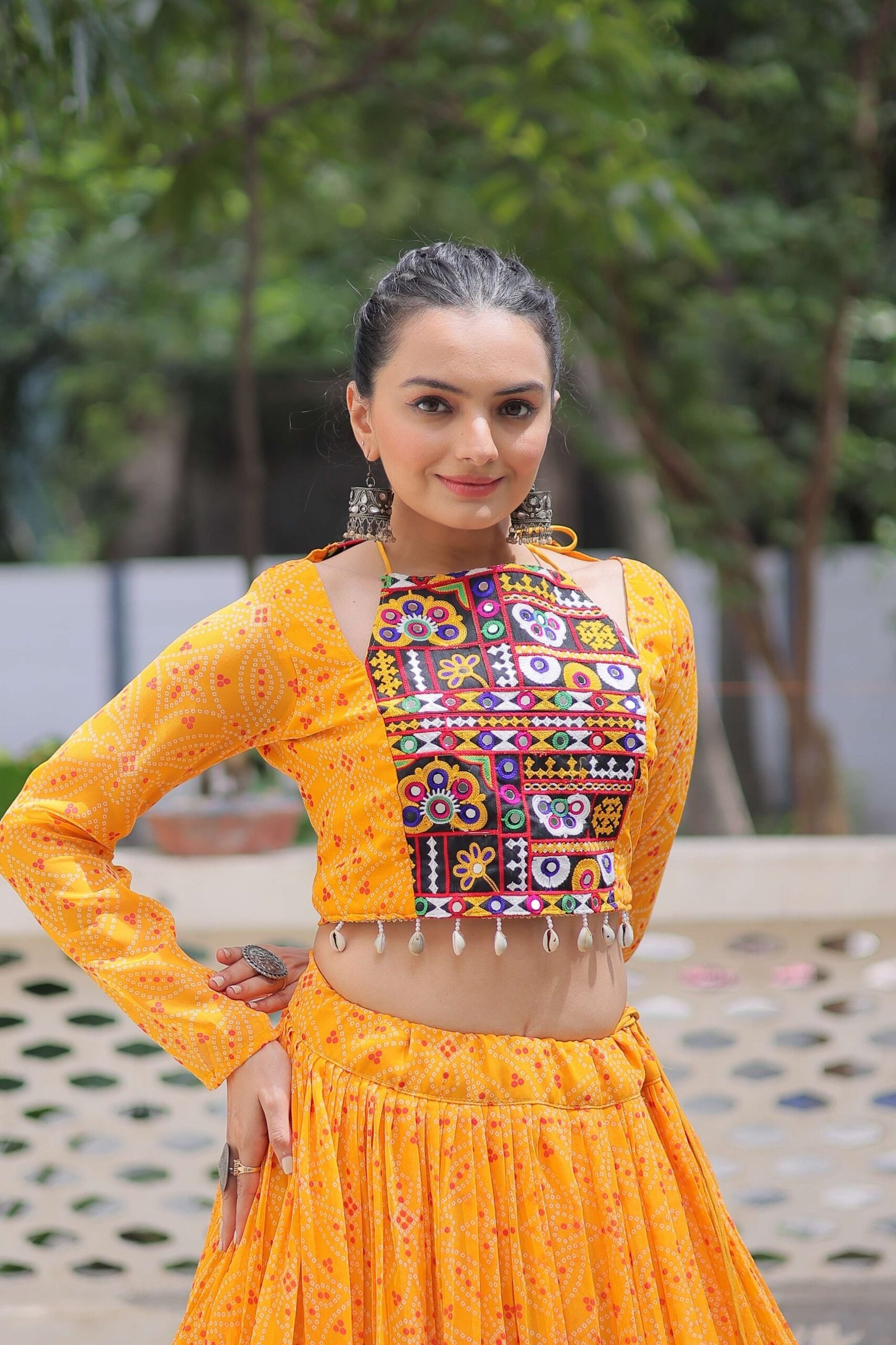 Faux Georgette Bandhej Frilled Navratri Lehenga Choli Set
