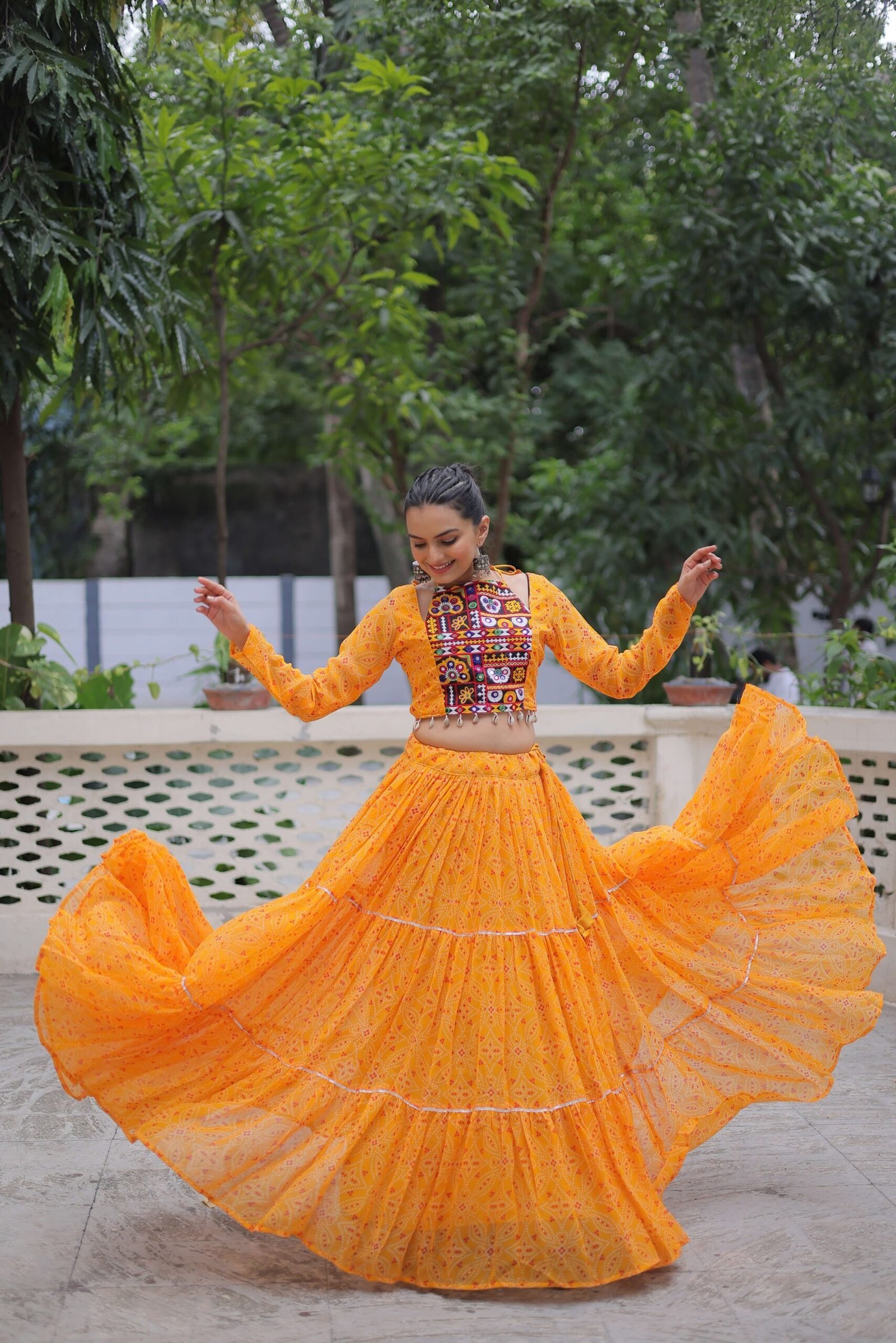 Faux Georgette Bandhej Frilled Navratri Lehenga Choli Set