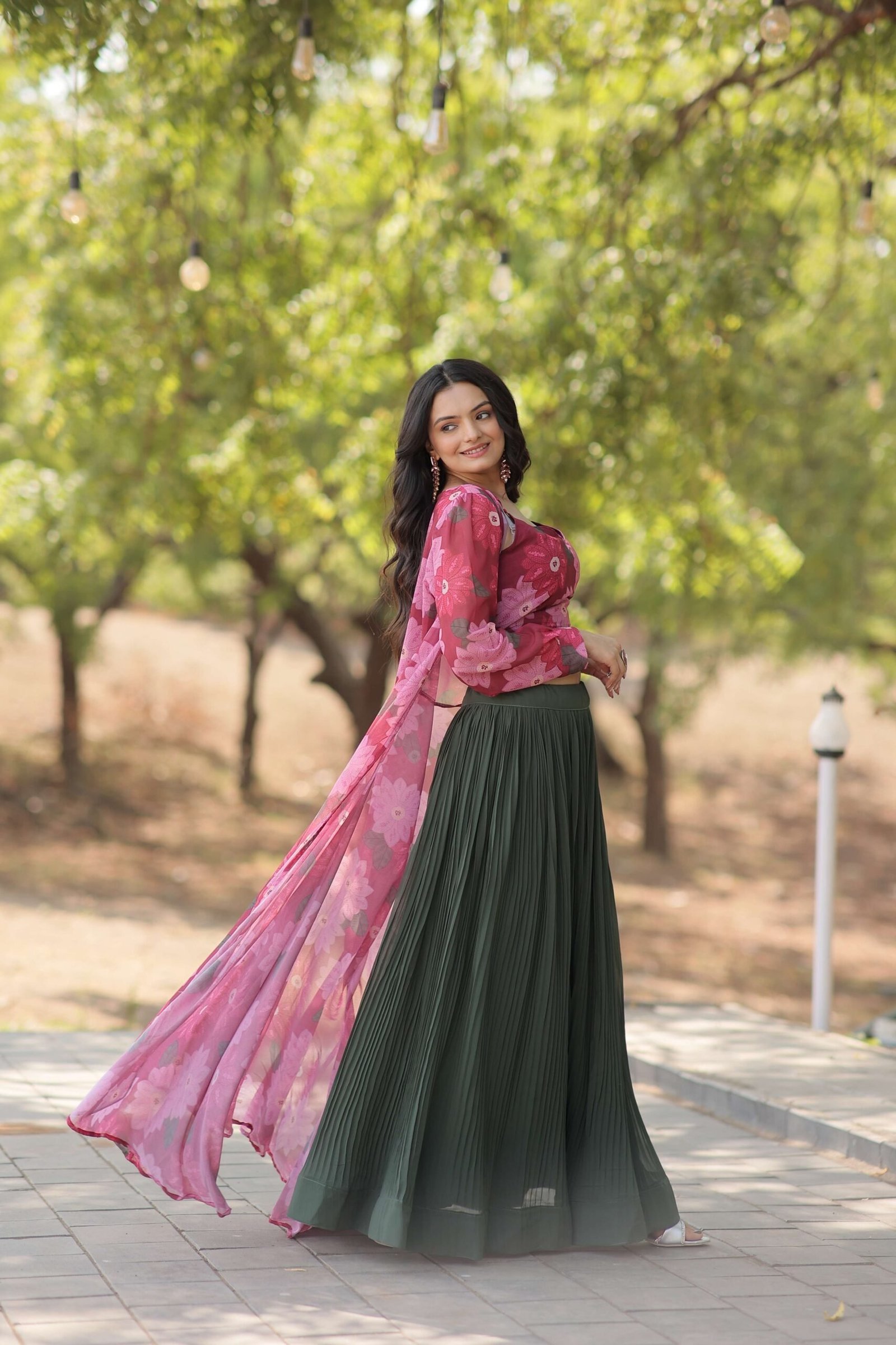 Faux Georgette Lehenga Choli with Digital Flower Print Shrug