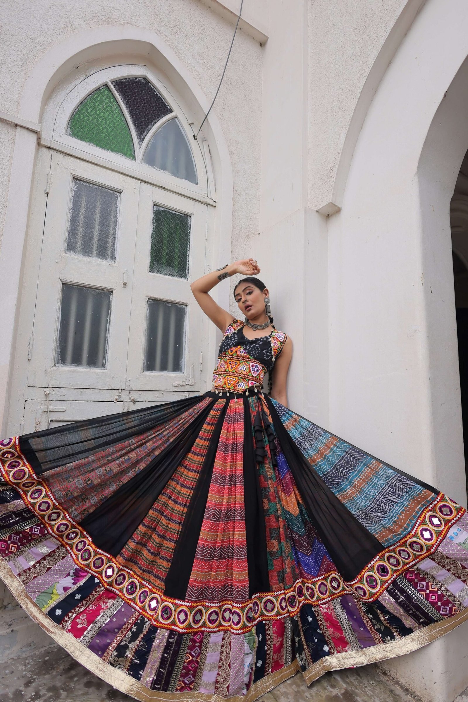 Georgette Printed Navratri Lehenga Choli Set with Sleeveless Top
