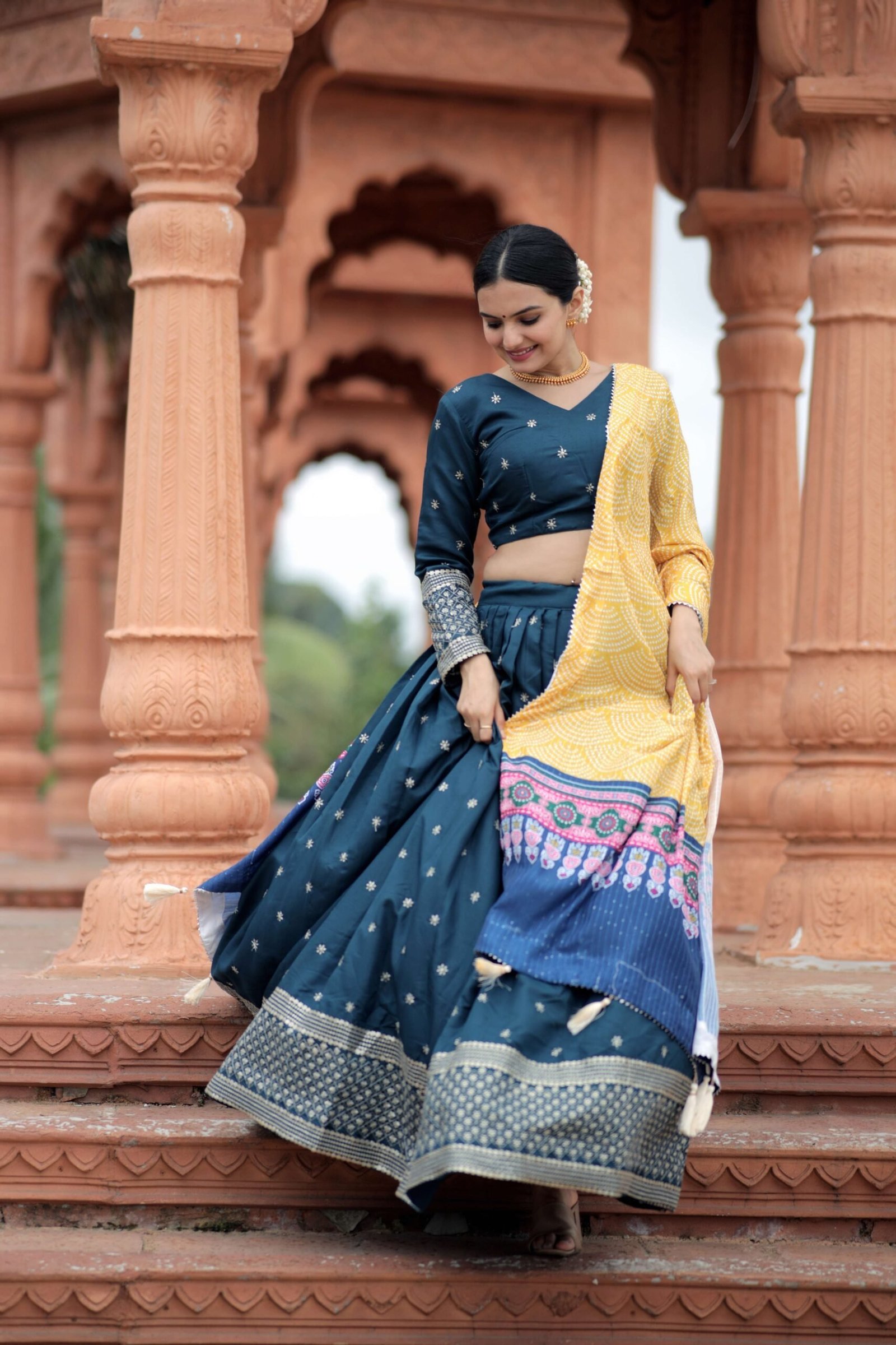 Navratri Special Myra Silk Embroidered Lehenga with Crochet Printed Dupatta