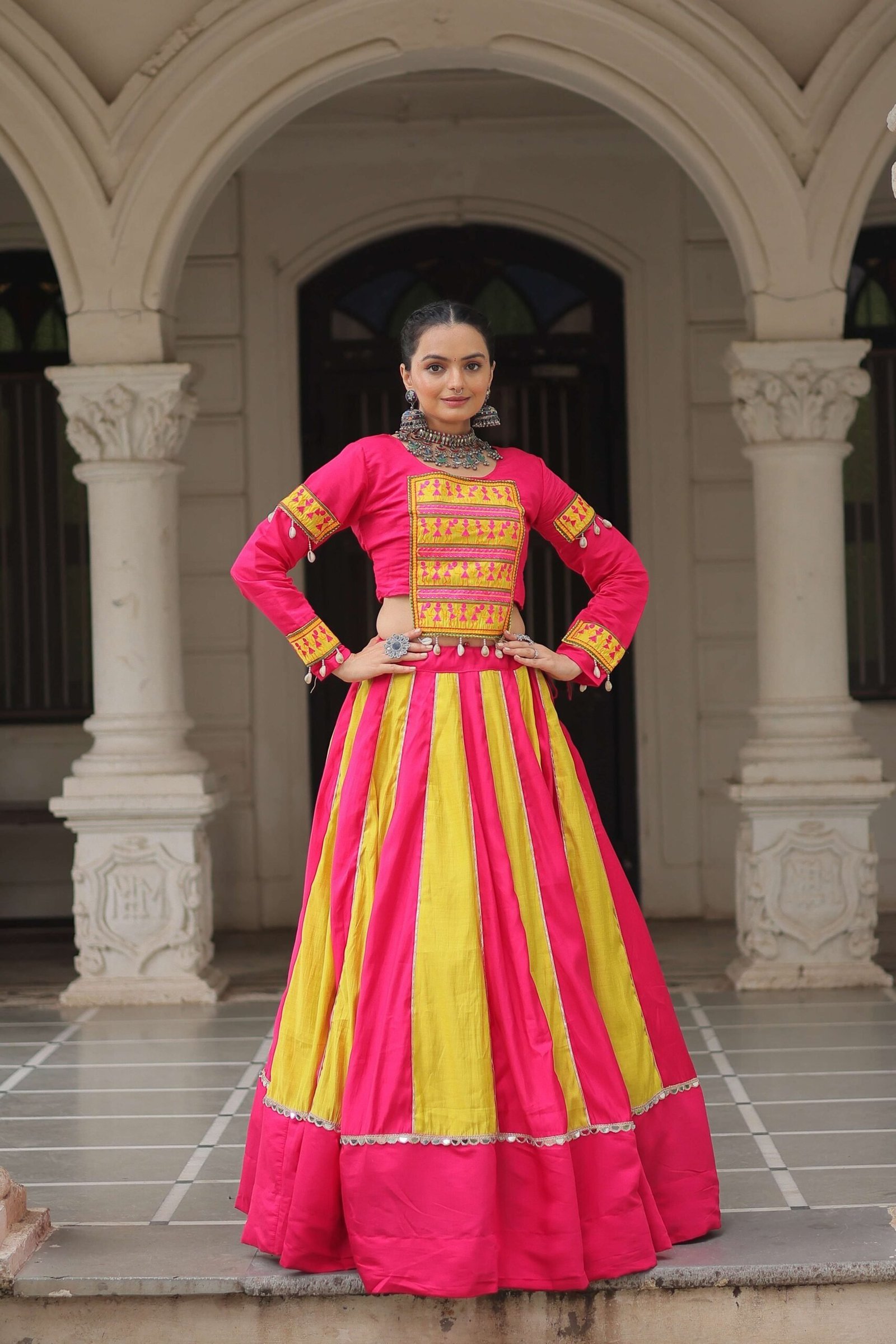 Roman Fabric Mirror-Embellished Navratri Lehenga Choli Set