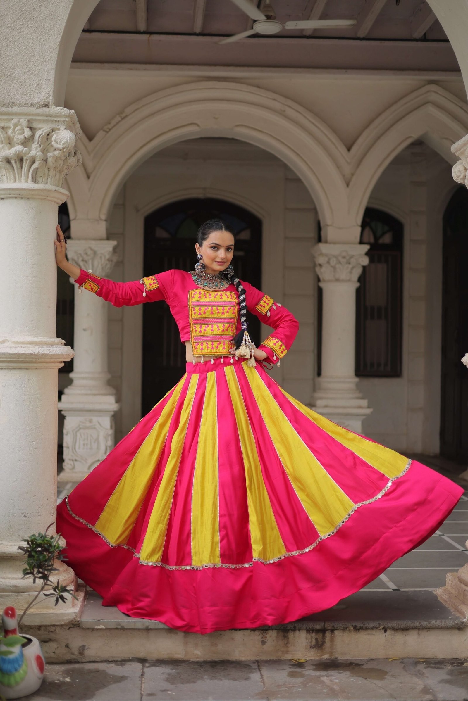 Roman Fabric Mirror-Embellished Navratri Lehenga Choli Set