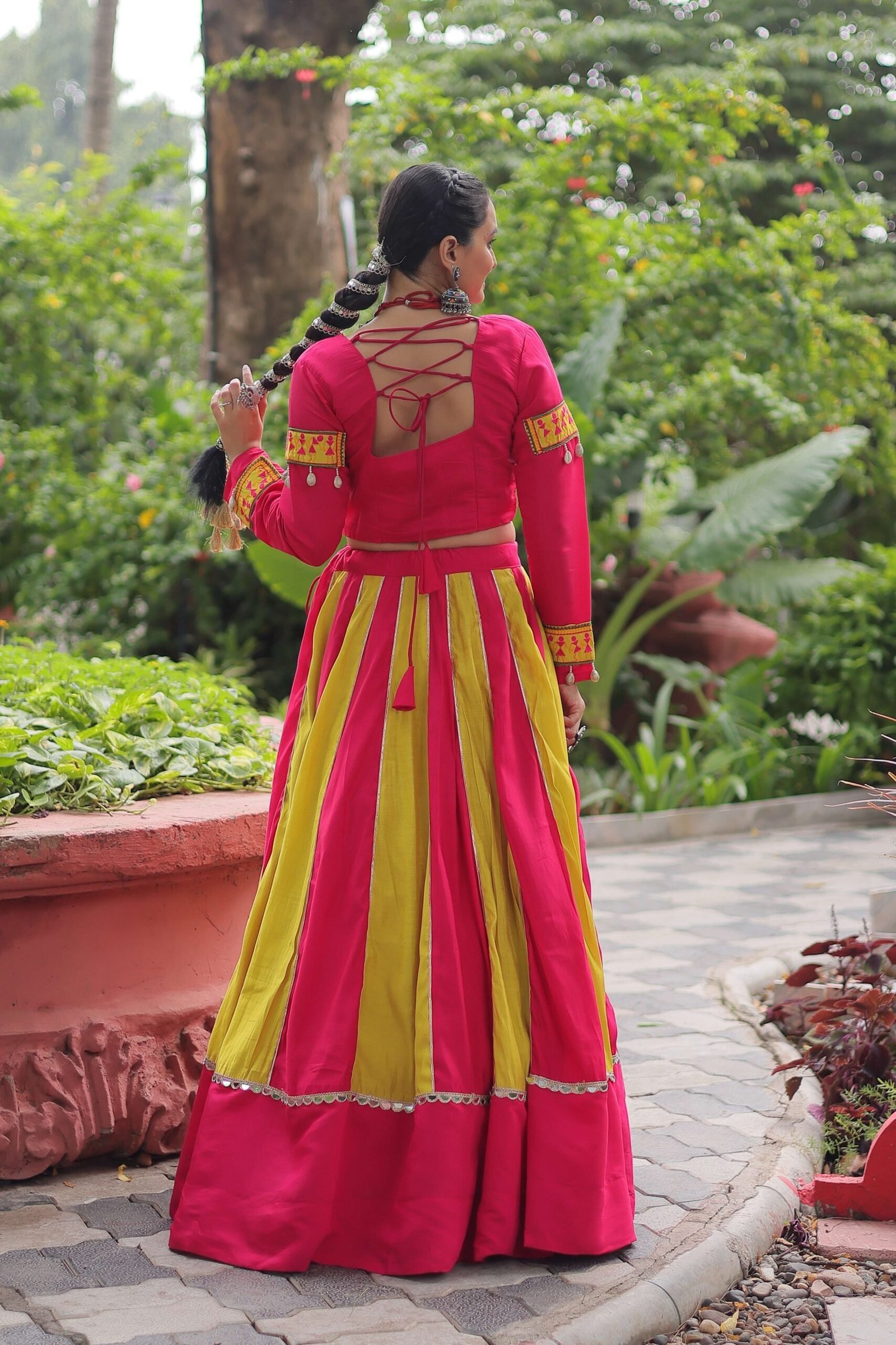 Roman Fabric Mirror-Embellished Navratri Lehenga Choli Set