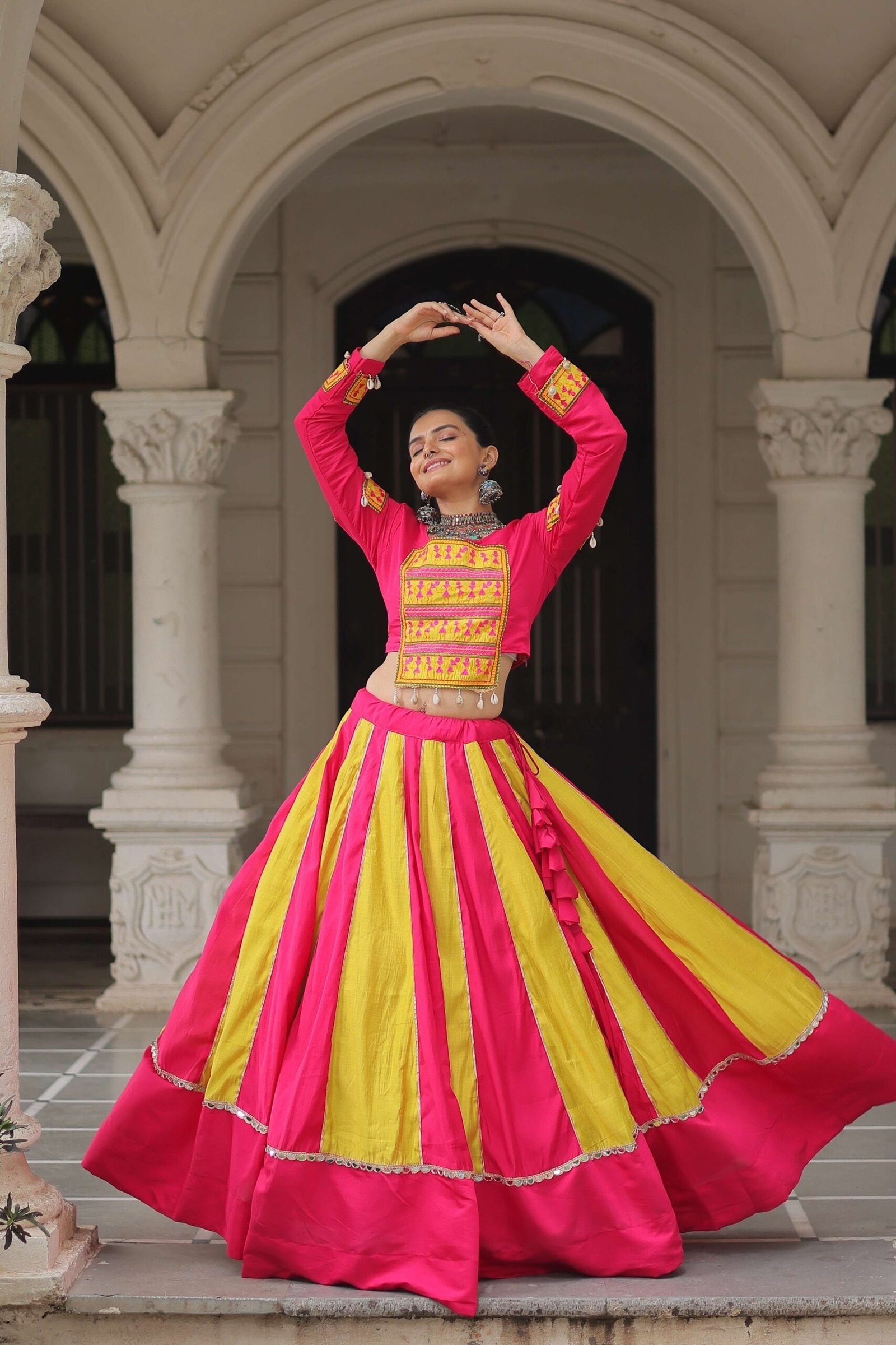 Roman Fabric Mirror-Embellished Navratri Lehenga Choli Set