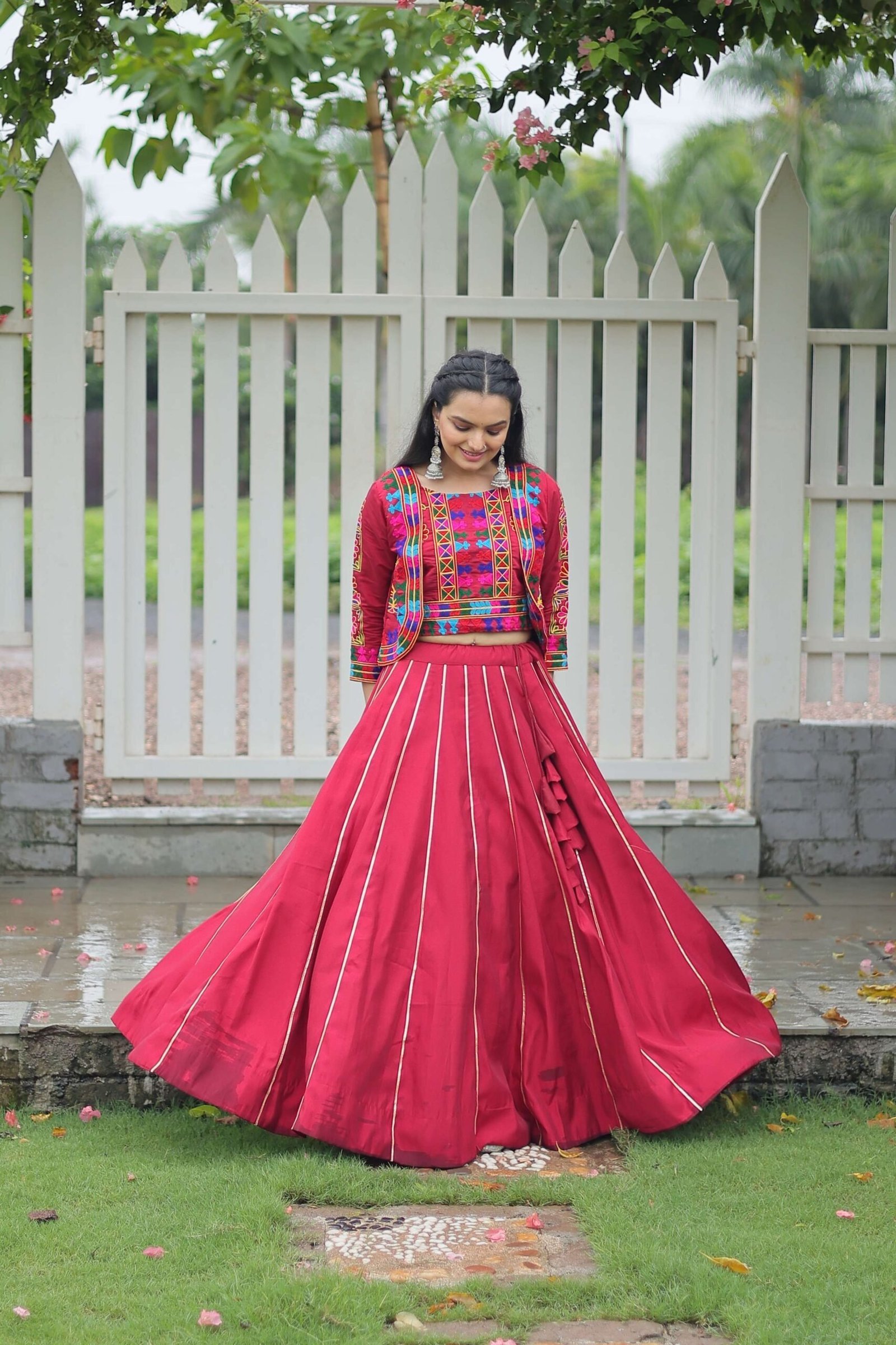 Vibrant Roman Fabric Navratri Lehenga Choli Set with Koti Blouse