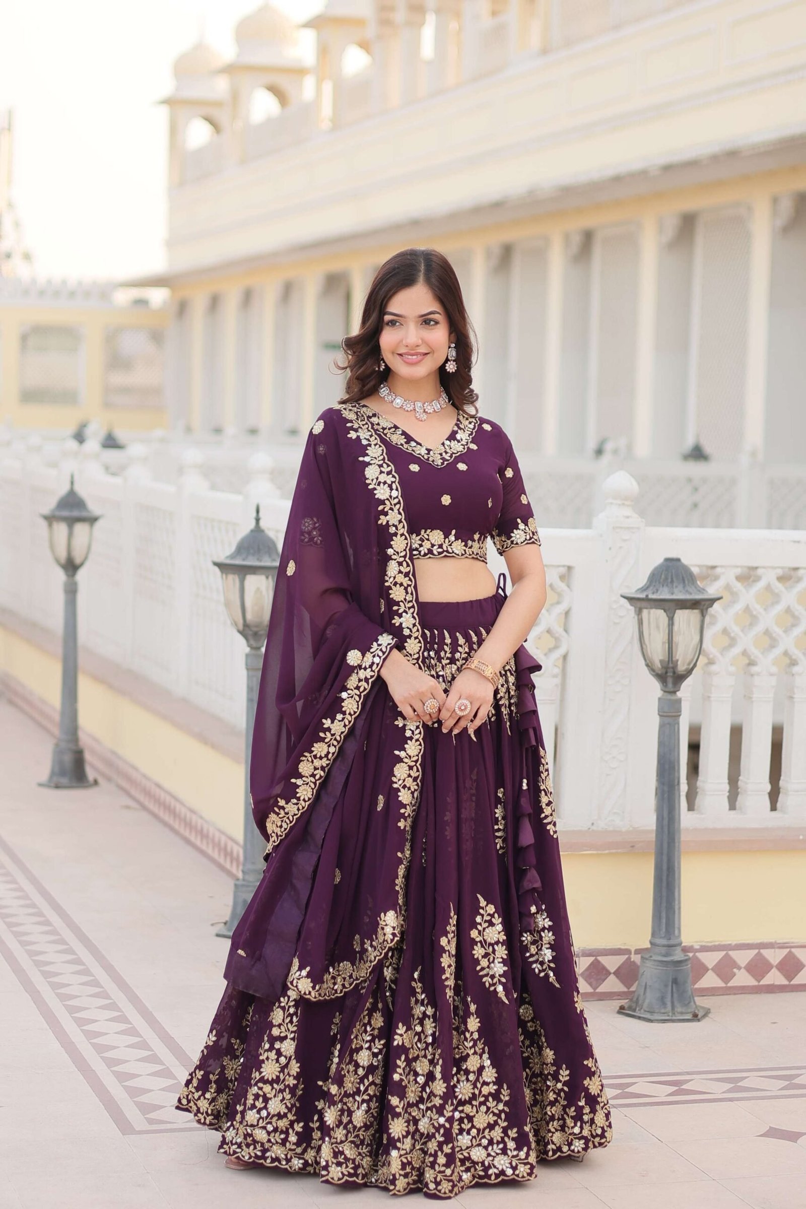 Wine Georgette Lehenga Choli with Sequins Embroidered Dupatta ?