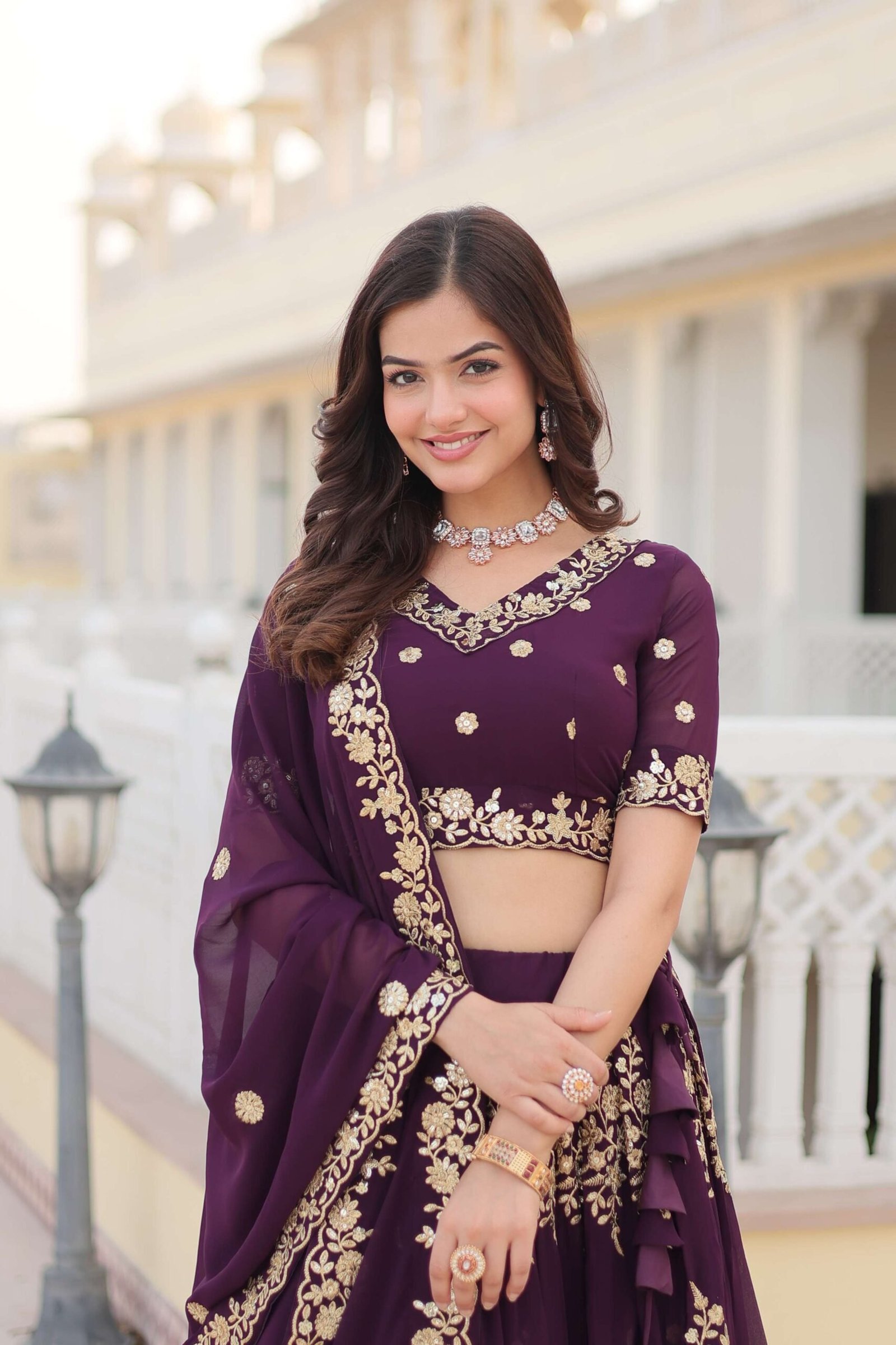 Wine Georgette Lehenga Choli with Sequins Embroidered Dupatta ?