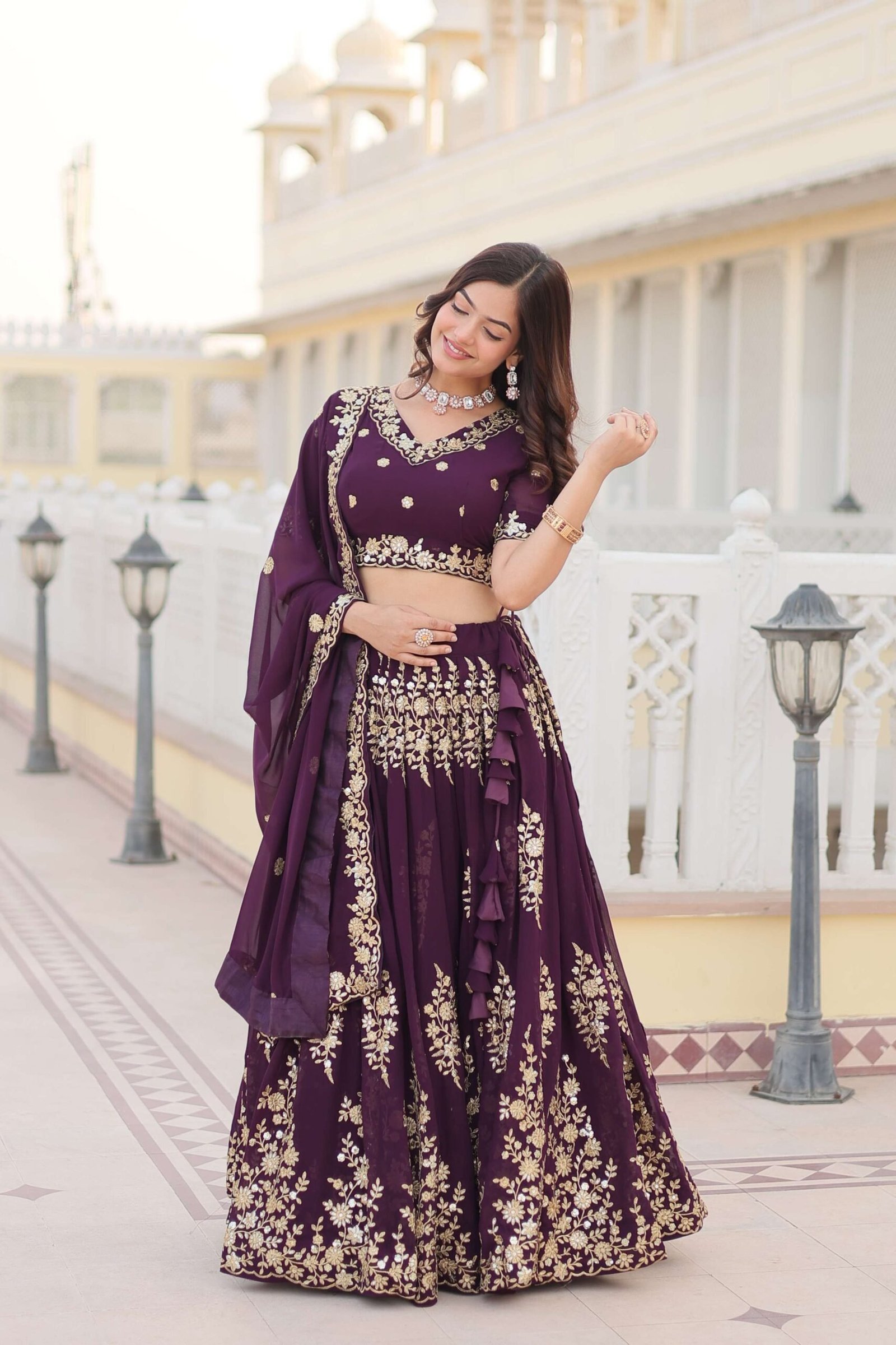 Wine Georgette Lehenga Choli with Sequins Embroidered Dupatta ?