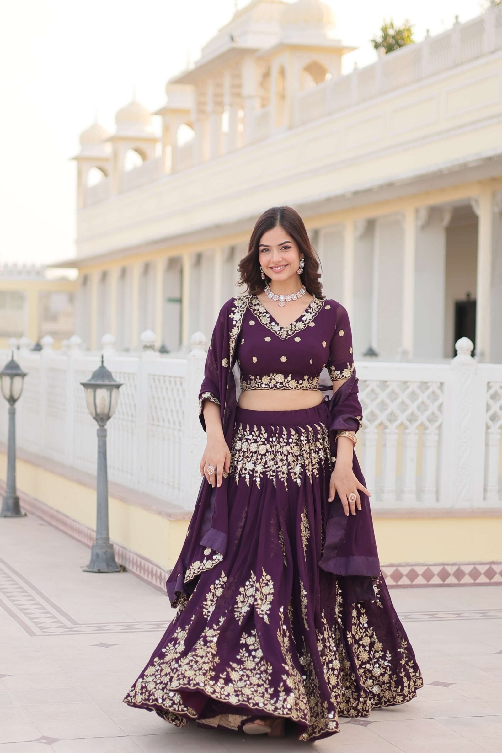 Wine Georgette Lehenga Choli with Sequins Embroidered Dupatta ?