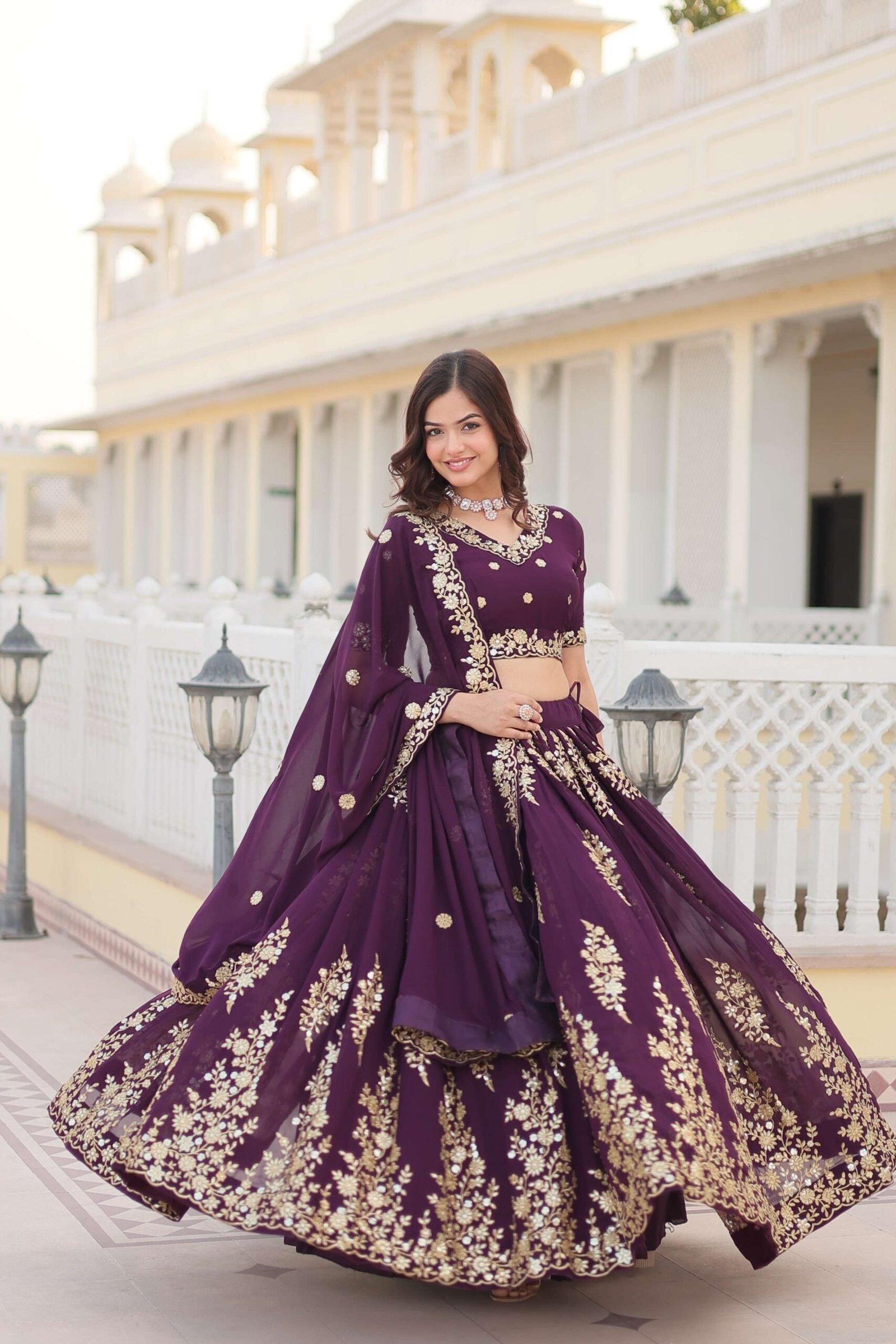 Wine Georgette Lehenga Choli with Sequins Embroidered Dupatta ?