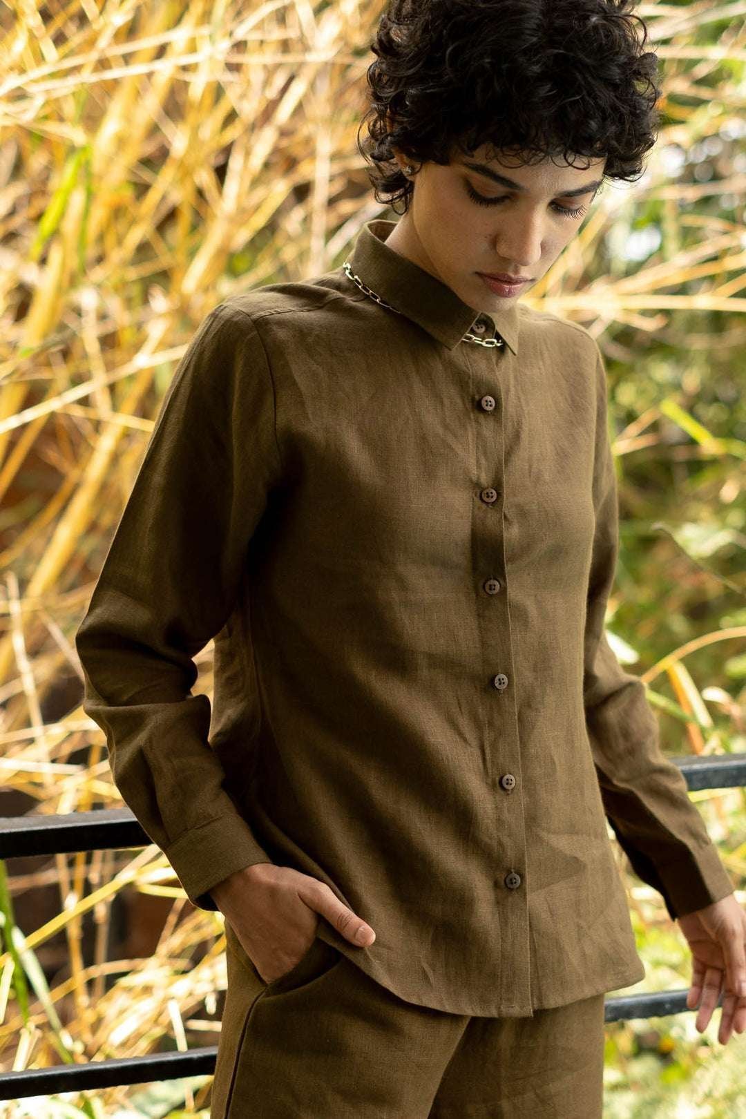 Women’s Cotton Solid Pain Straight Shirt With Wide Leg Palazzo Pant Casual Summer Collection Cord Set( Brown )