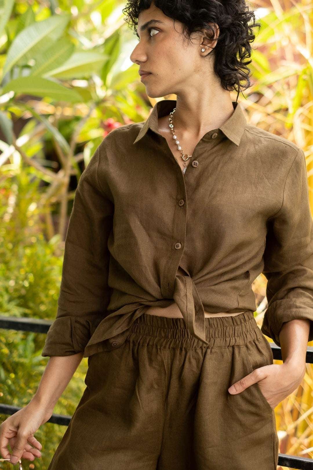 Women’s Cotton Solid Pain Straight Shirt With Wide Leg Palazzo Pant Casual Summer Collection Cord Set( Brown )