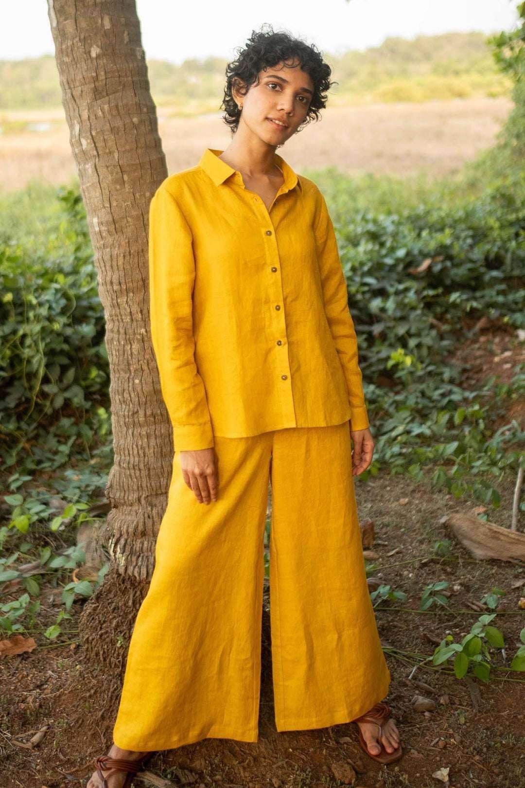 Women’s Cotton Solid Pain Straight Shirt With Wide Leg Palazzo Pant Casual Summer Collection Cord Set( Yellow )