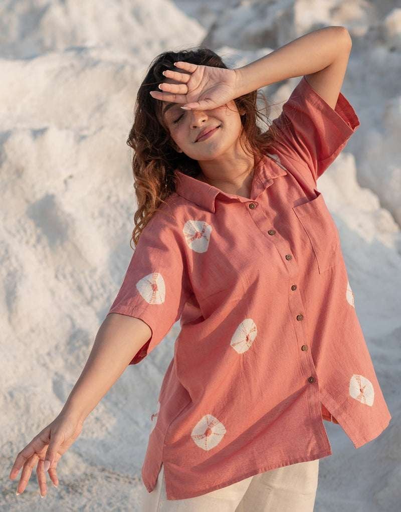 Women’s Cotton Tie-Dye Print Straight Shirt With Wide Leg Palazzo Pant Casual Summer Collection Cord Set ( Gulaabi )