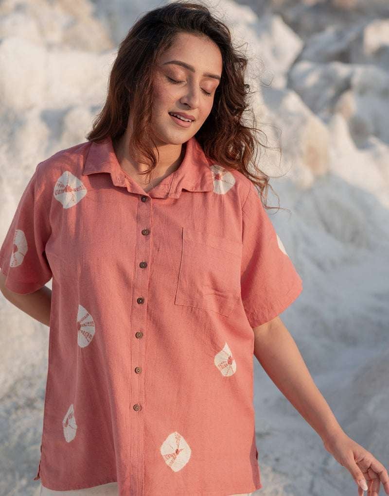 Women’s Cotton Tie-Dye Print Straight Shirt With Wide Leg Palazzo Pant Casual Summer Collection Cord Set ( Gulaabi )