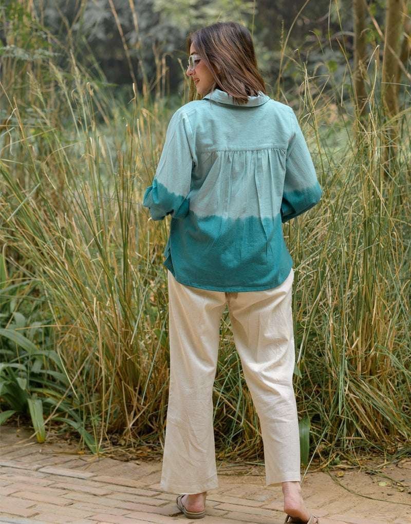 Women’s Cotton Tie-Dye Print Straight Shirt With Wide Leg Palazzo Pant Casual Summer Collection Cord Set ( Turquoise )