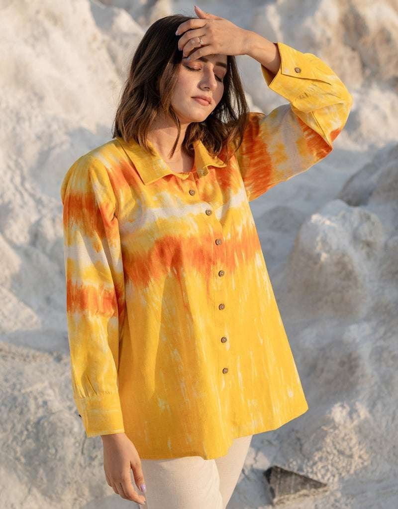 Women’s Cotton Tie-Dye Print Straight Shirt With Wide Leg Palazzo Pant Casual Summer Collection Cord Set ( Yellow Beige )