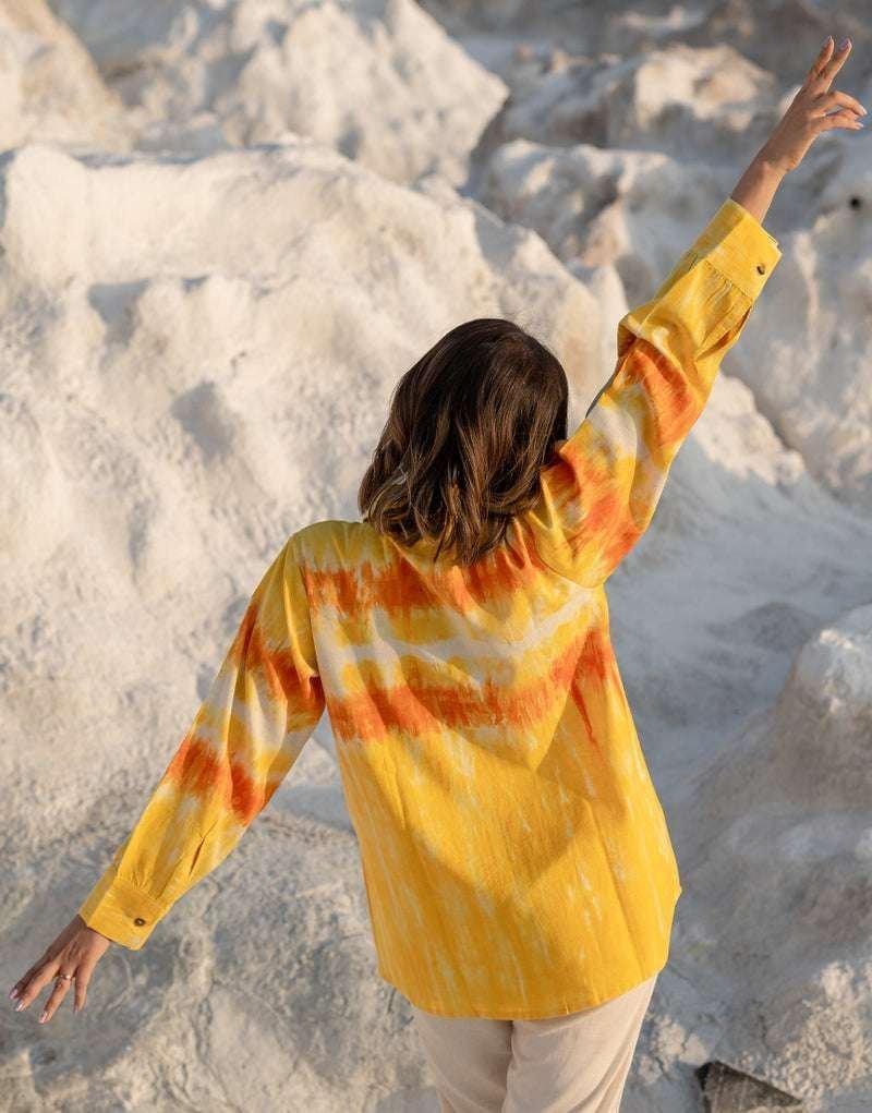 Women’s Cotton Tie-Dye Print Straight Shirt With Wide Leg Palazzo Pant Casual Summer Collection Cord Set ( Yellow Beige )