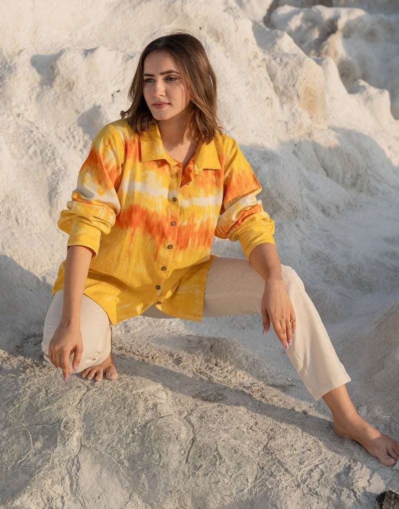 Women’s Cotton Tie-Dye Print Straight Shirt With Wide Leg Palazzo Pant Casual Summer Collection Cord Set ( Yellow Beige )
