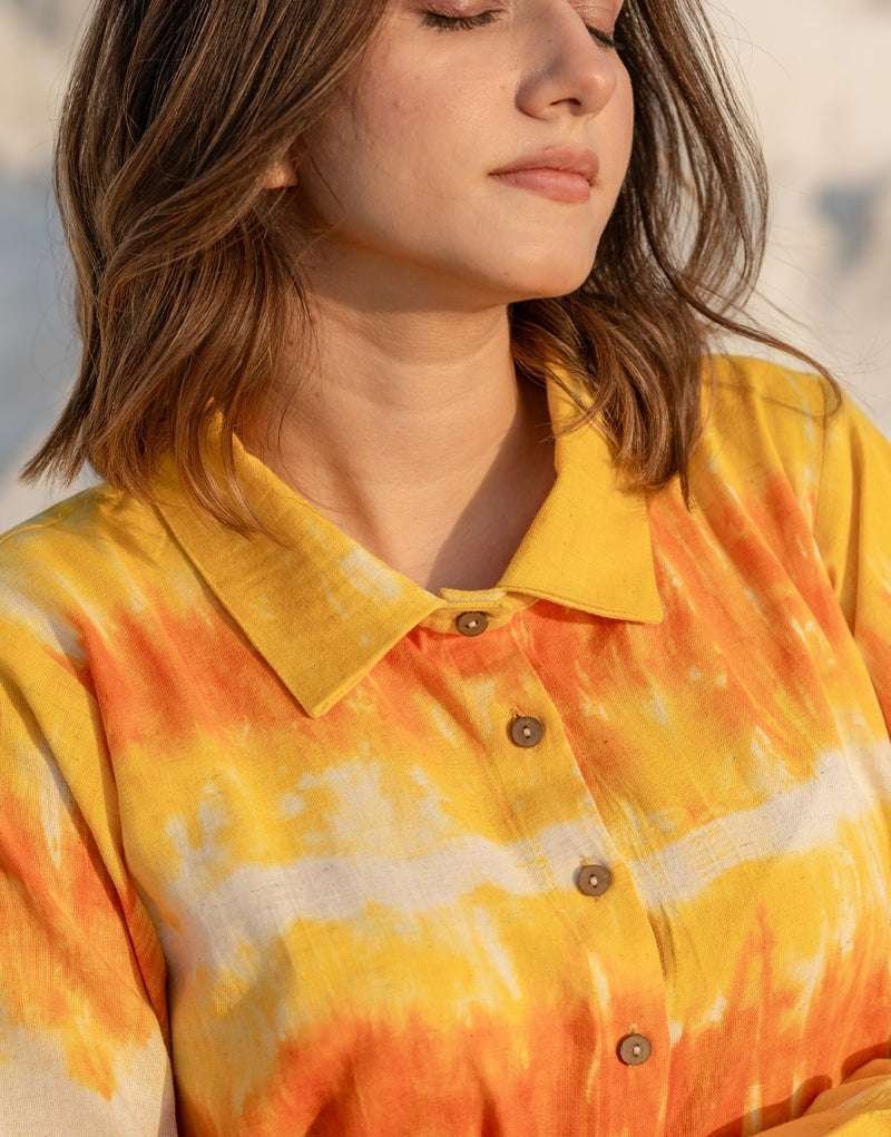 Women’s Cotton Tie-Dye Print Straight Shirt With Wide Leg Palazzo Pant Casual Summer Collection Cord Set ( Yellow Beige )