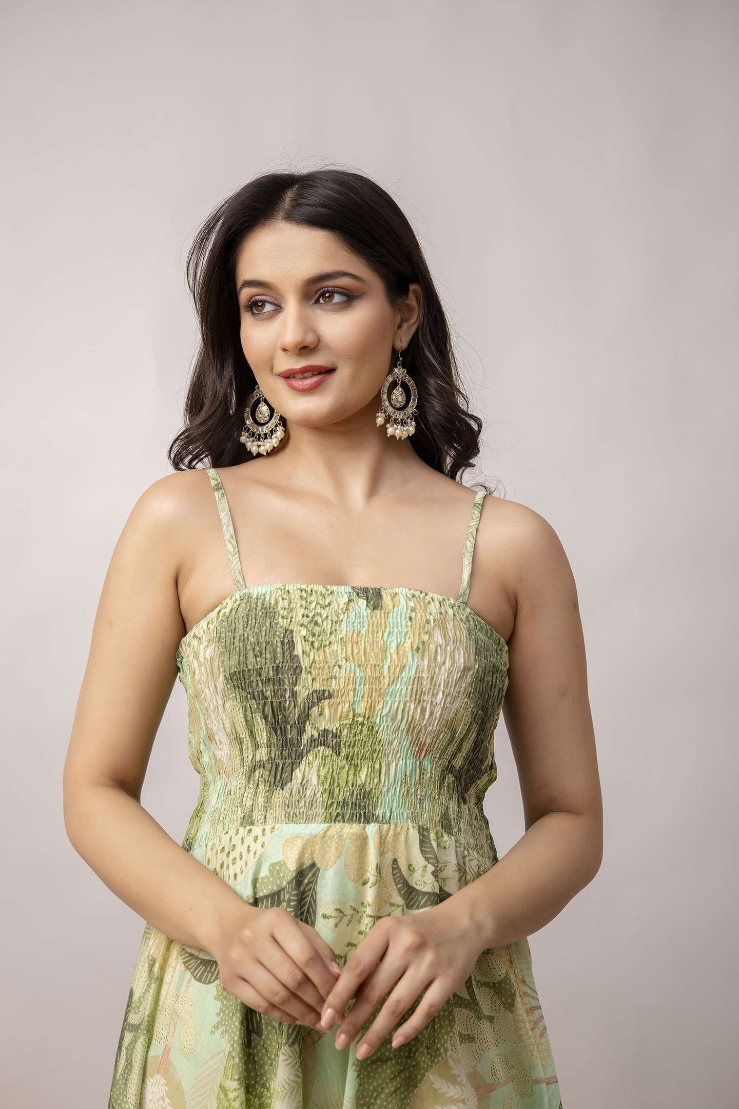 Women’s Silk Printed Shoulder Straps Sleeveless Anarkali Gown Drees (Green)