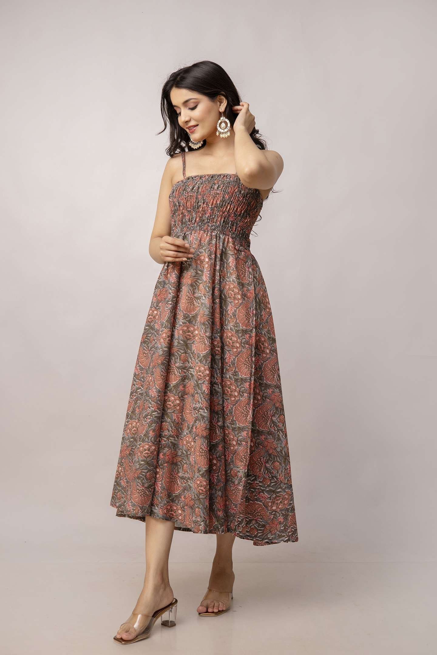 Women’s Silk Printed Shoulder Straps Sleeveless Anarkali Gown Drees (Light Maroon-SUI)