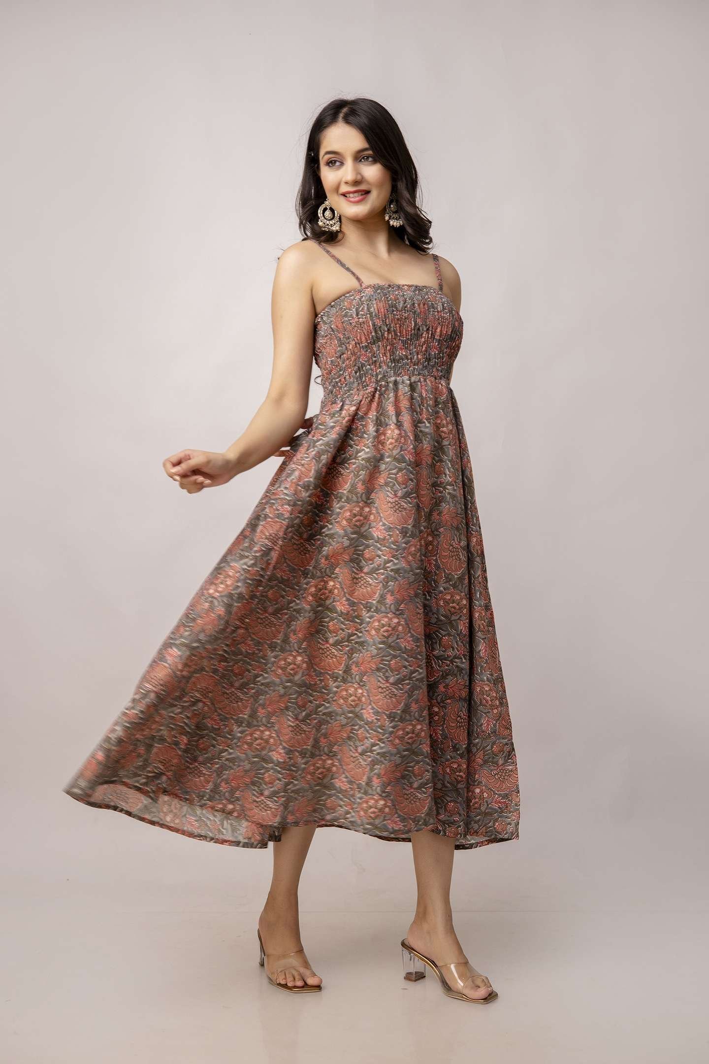 Women’s Silk Printed Shoulder Straps Sleeveless Anarkali Gown Drees (Light Maroon-SUI)
