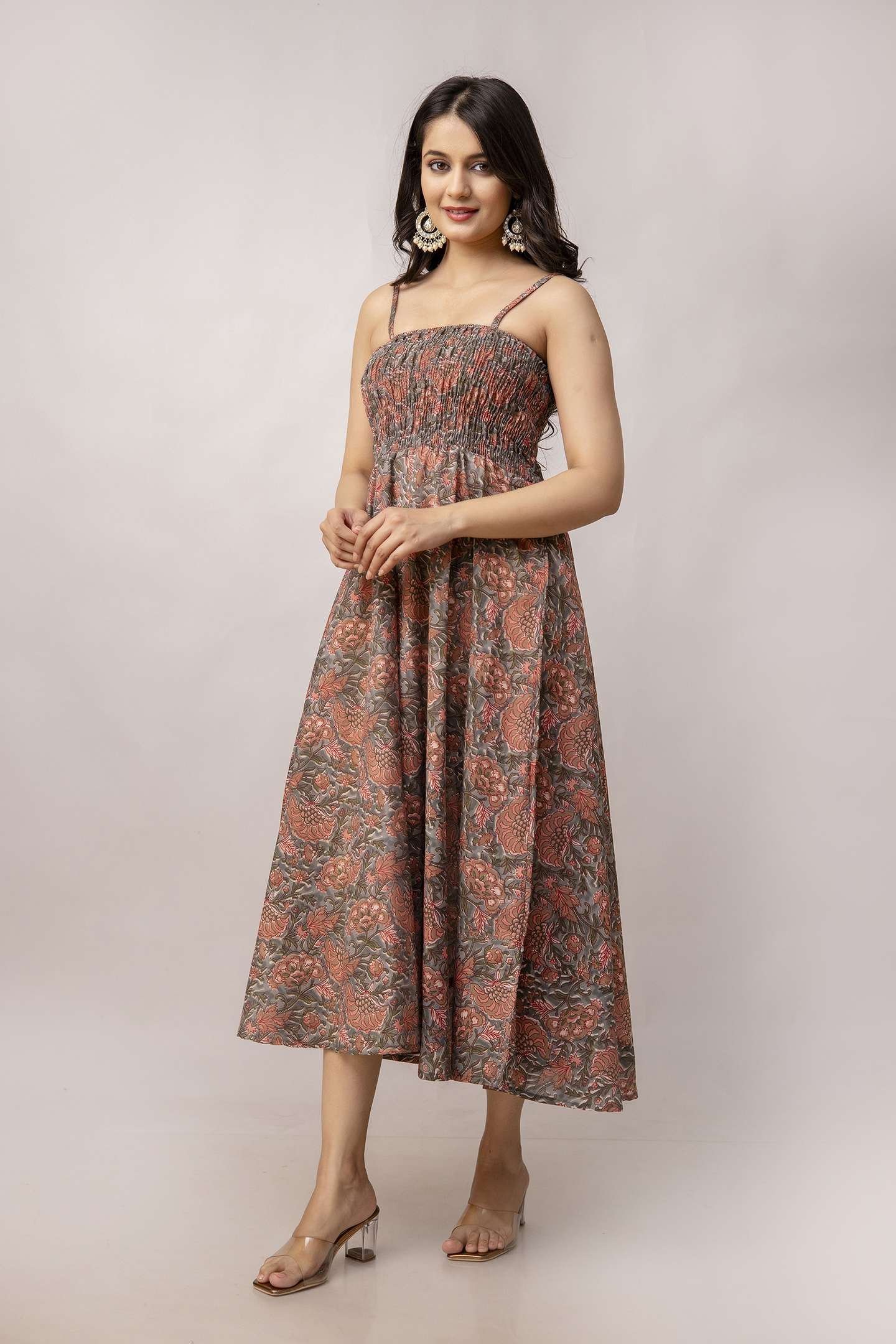 Women’s Silk Printed Shoulder Straps Sleeveless Anarkali Gown Drees (Light Maroon-SUI)