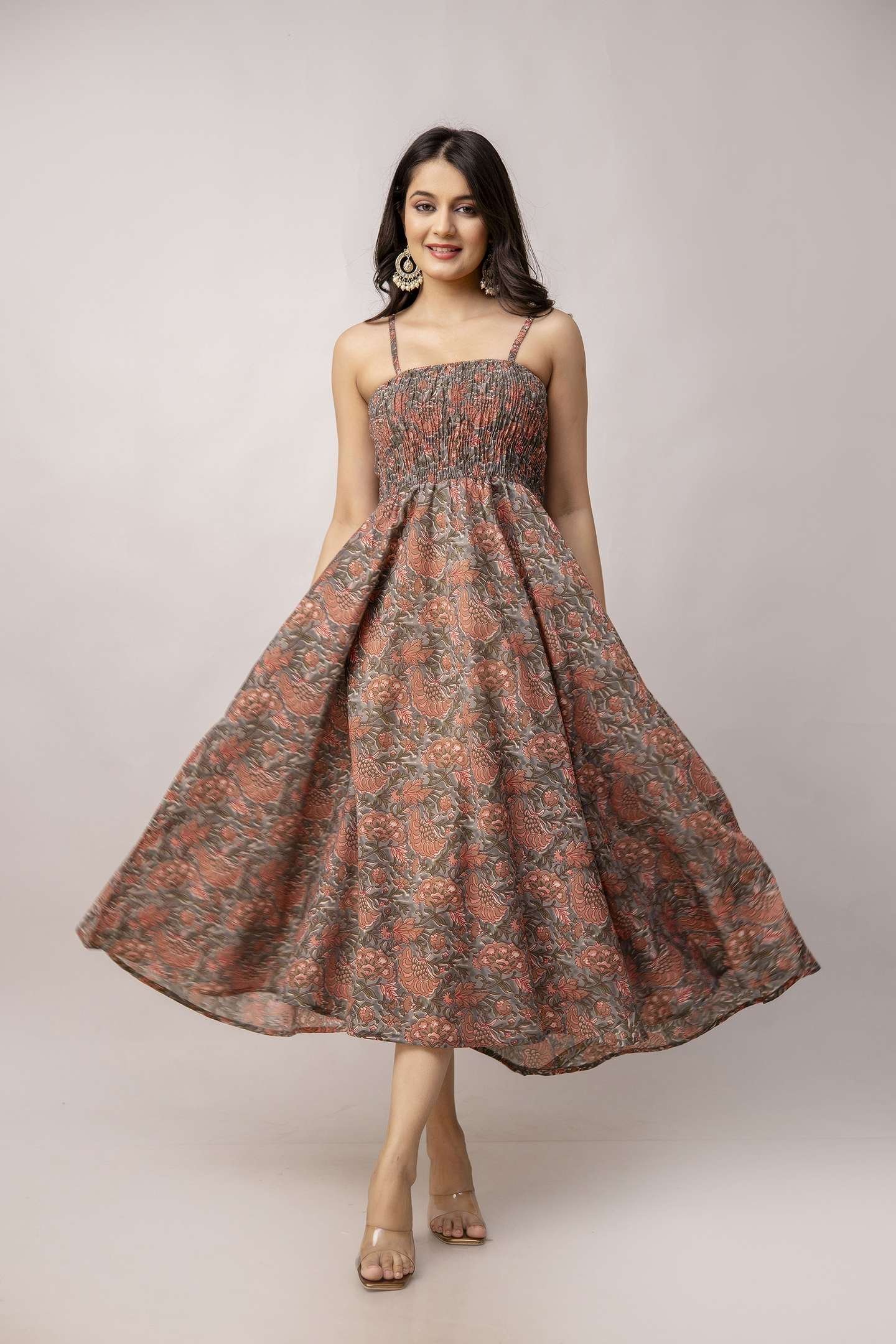 Women’s Silk Printed Shoulder Straps Sleeveless Anarkali Gown Drees (Light Maroon-SUI)