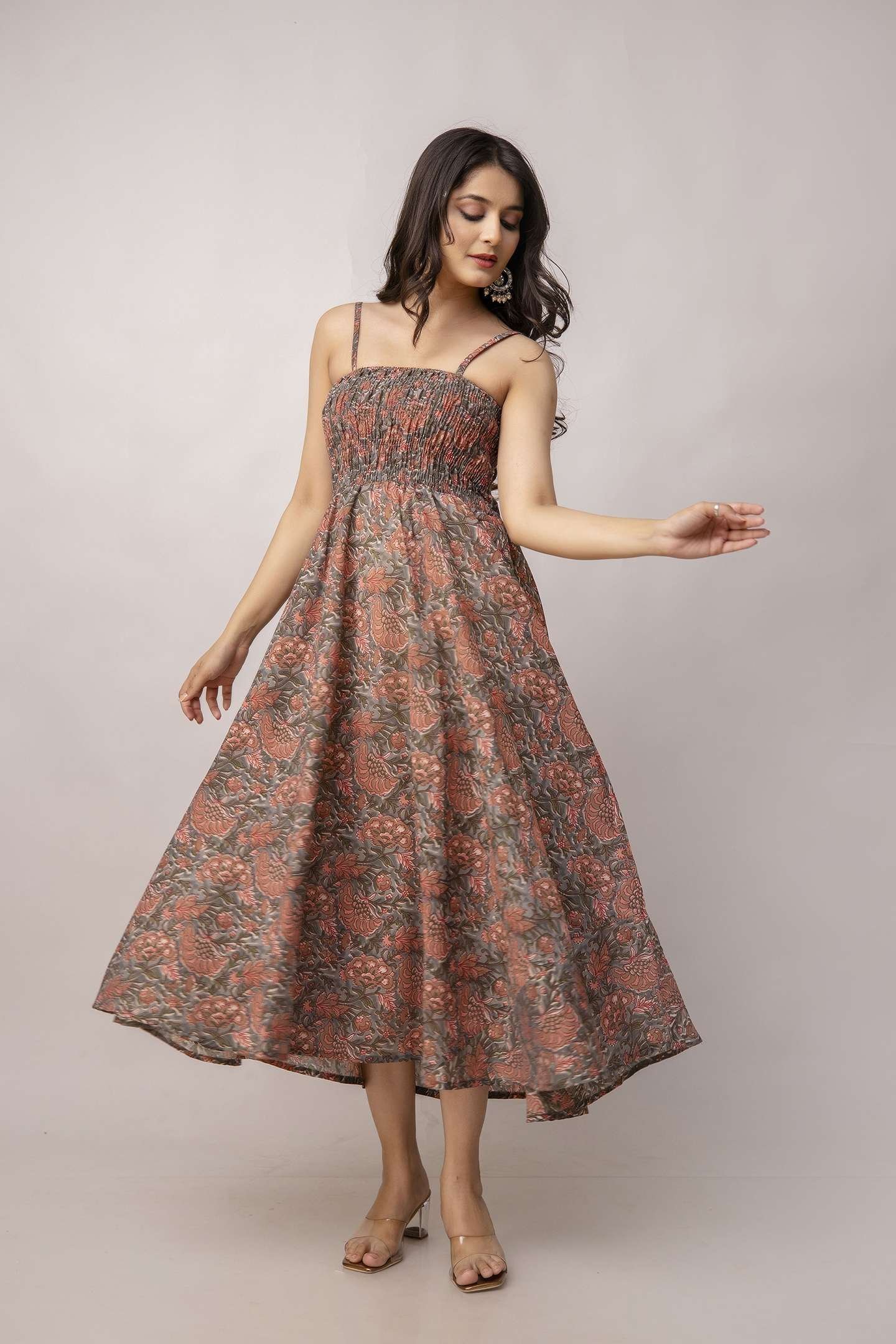 Women’s Silk Printed Shoulder Straps Sleeveless Anarkali Gown Drees (Light Maroon-SUI)