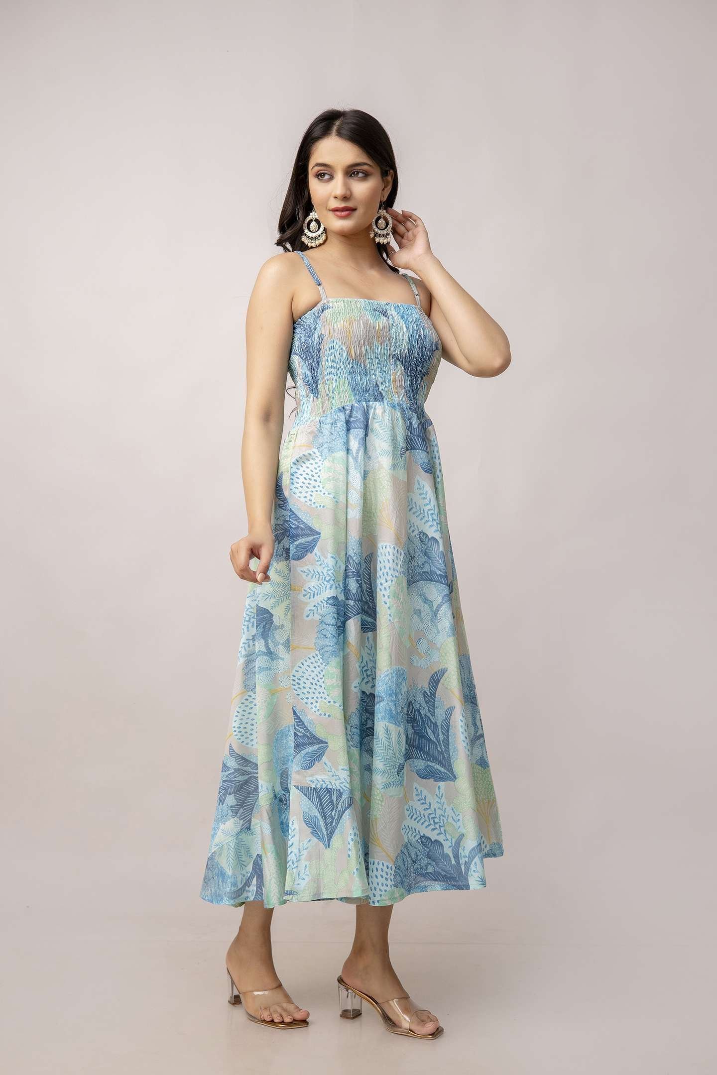 Women’s Silk Printed Shoulder Straps Sleeveless Anarkali Gown Drees (Sky Blue)