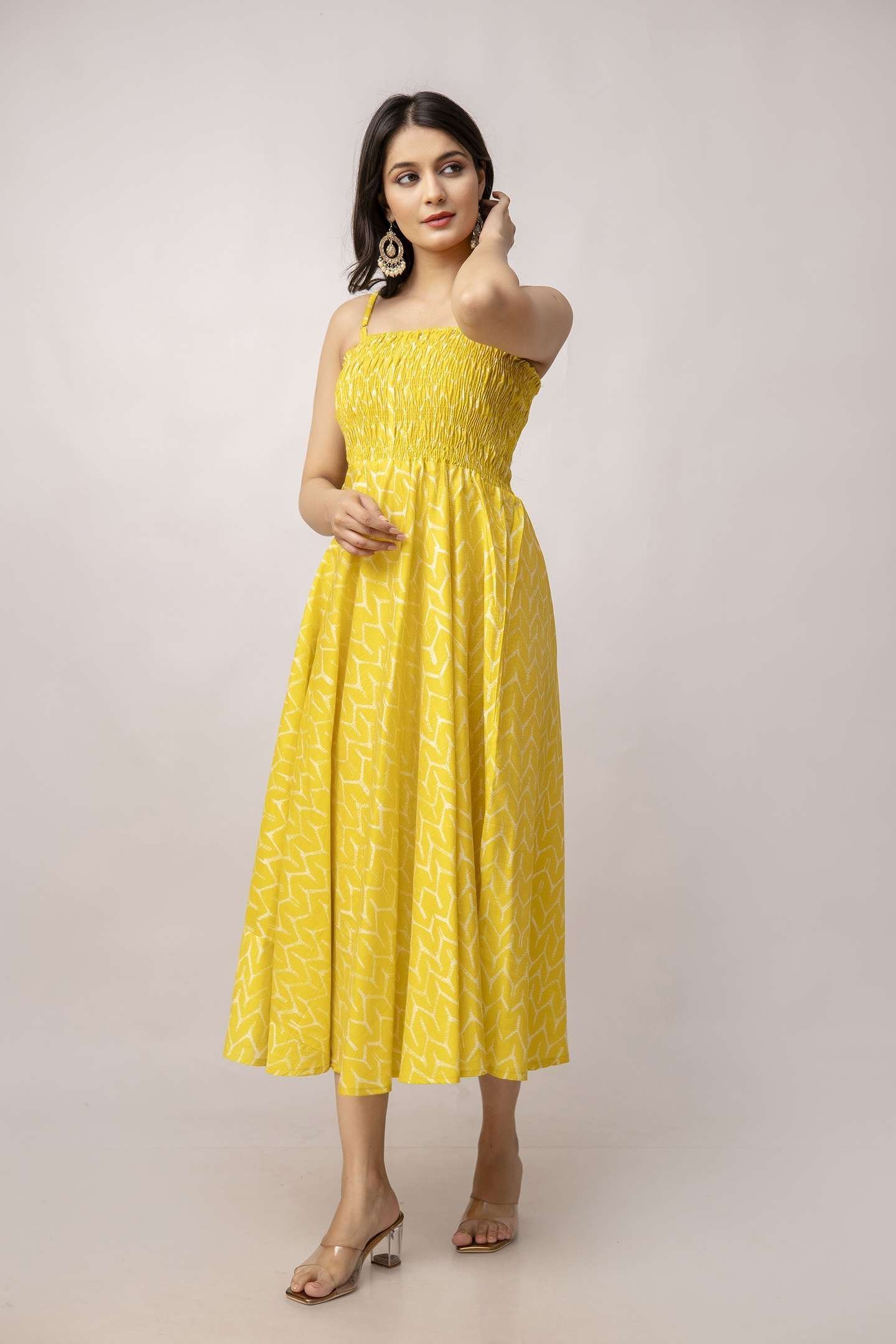 Women’s Silk Printed Shoulder Straps Sleeveless Anarkali Gown Drees (Yellow Sui)