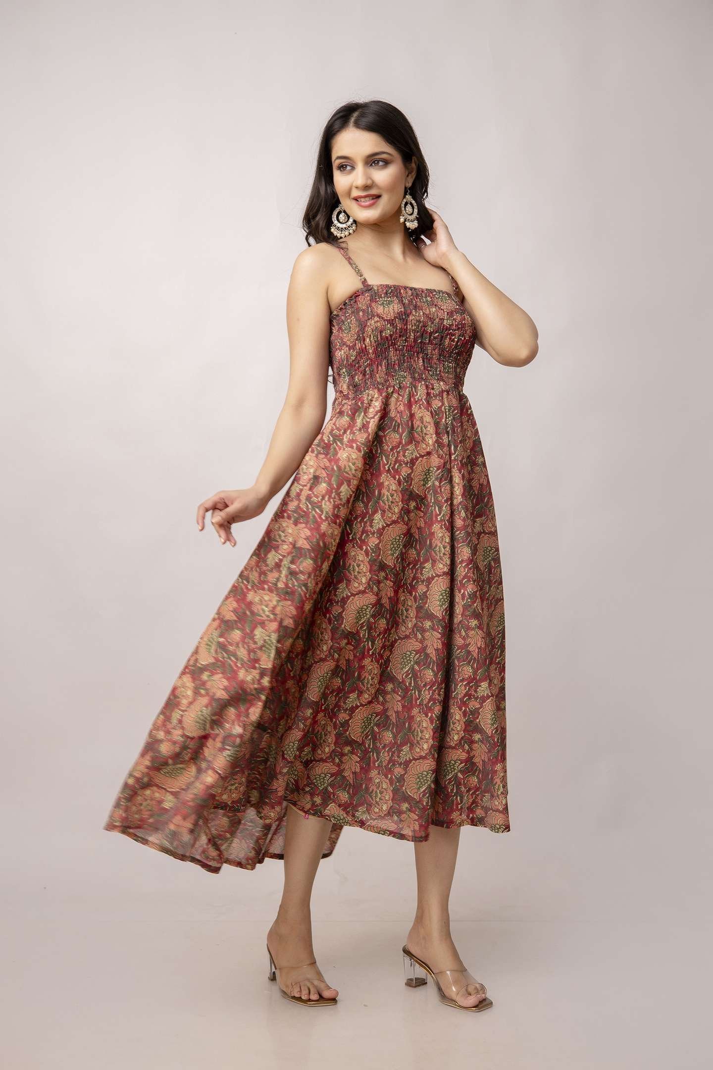 Women’s Silk Printed Shoulder Straps Sleeveless Anarkali Gown Drees