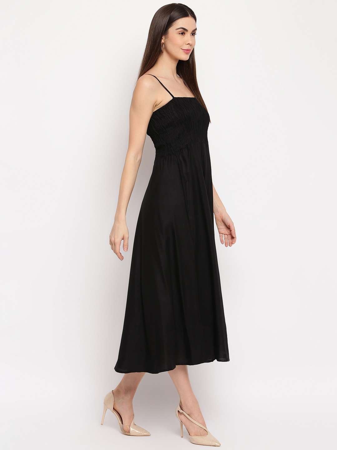 Women’s Viscose Rayon Solid Shoulder Straps Sleeveless Flared Gown Drees (Black)
