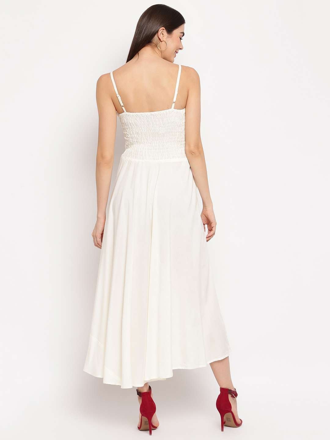 Women’s Viscose Rayon Solid Shoulder Straps Sleeveless Flared Gown Drees (Cream)