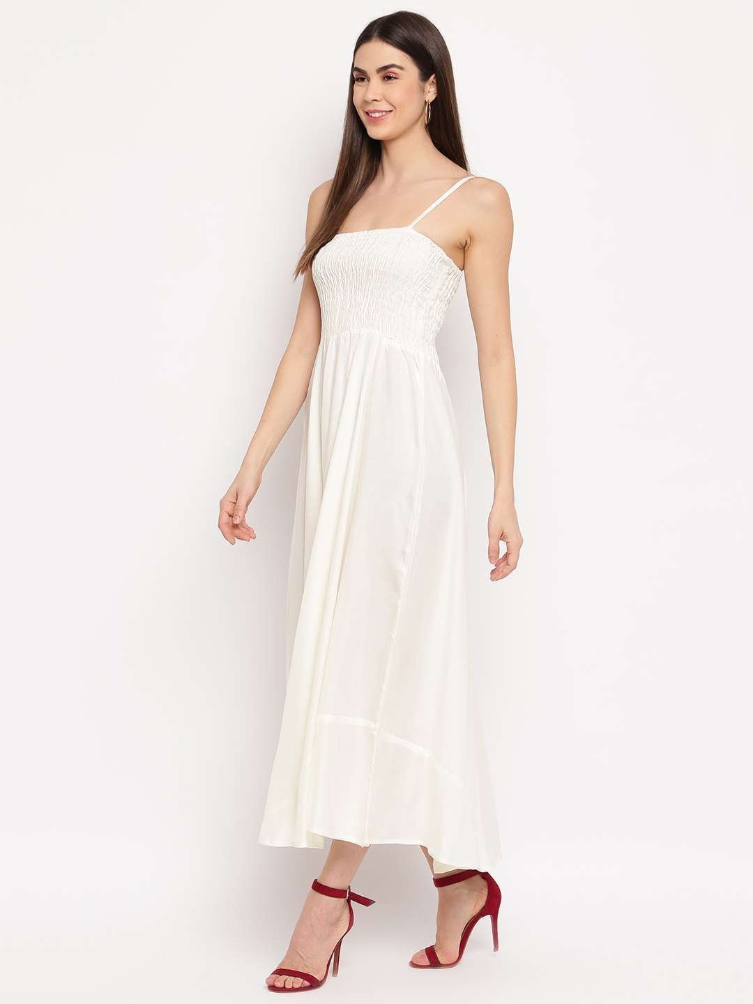 Women’s Viscose Rayon Solid Shoulder Straps Sleeveless Flared Gown Drees (Cream)