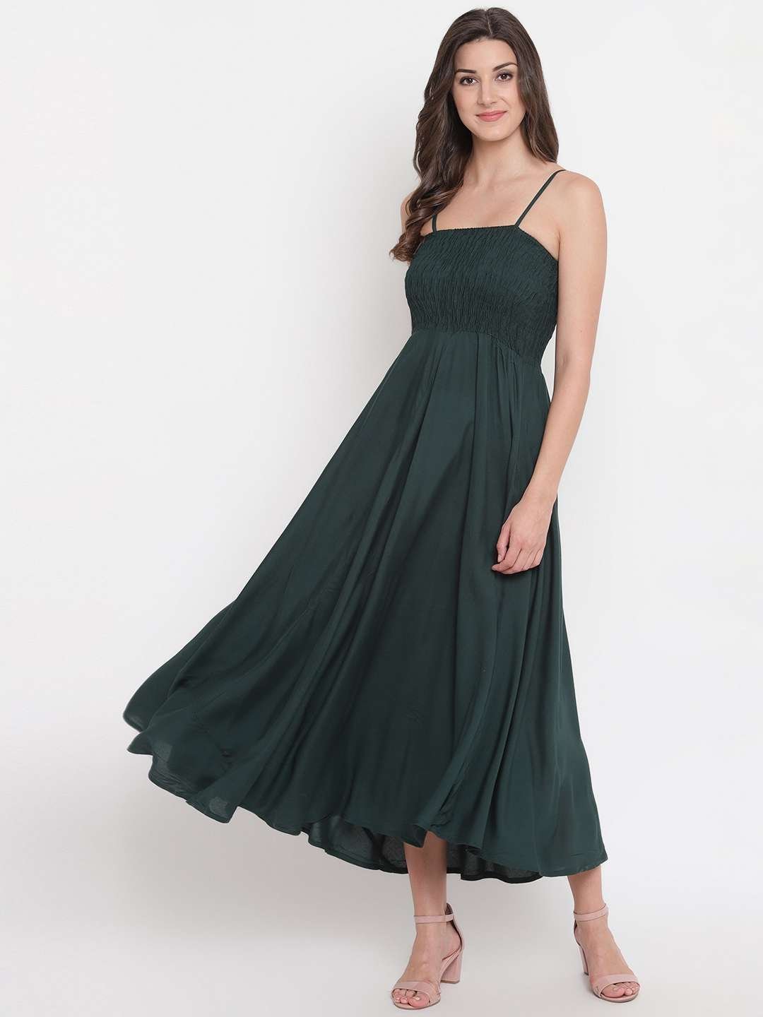 Women’s Viscose Rayon Solid Shoulder Straps Sleeveless Flared Gown Drees (Green1)